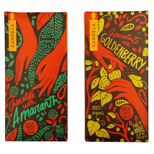 Organic Chocolate Bar featuring 70% dark chocolate with Brazil nuts, quinoa, and coconut, promoting rainforest conservation.