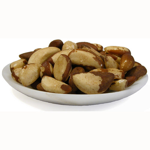 A close-up of Organic Roasted Brazil Nuts in a rustic bowl, showcasing their rich texture and color, symbolizing sustainability and health.