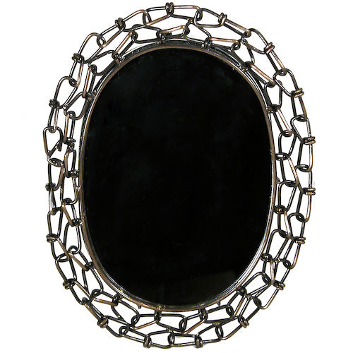 Handcrafted oval mirror framed with recycled link chains, showcasing unique artisan craftsmanship from India.