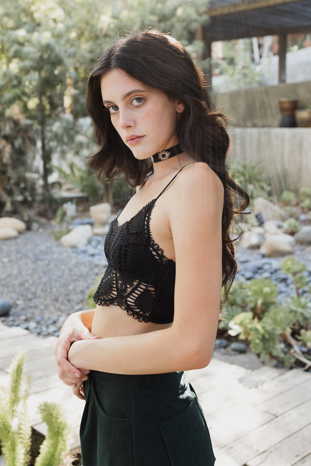 A stylish Overlay Crochet Longline Bralette featuring a delicate crochet overlay design, perfect for layering or wearing alone.