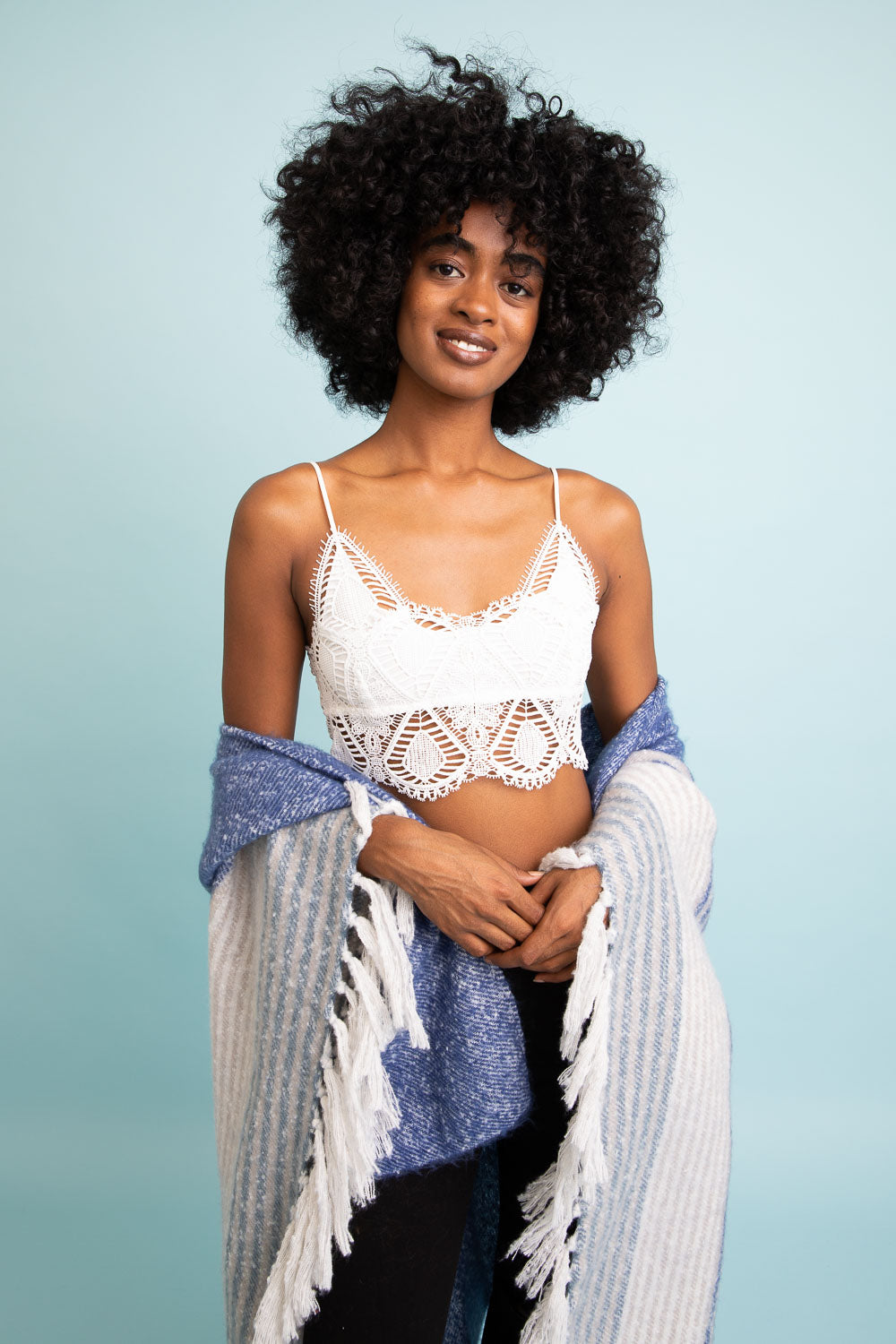 A stylish Overlay Crochet Longline Bralette featuring a delicate crochet overlay design, perfect for layering or wearing alone.