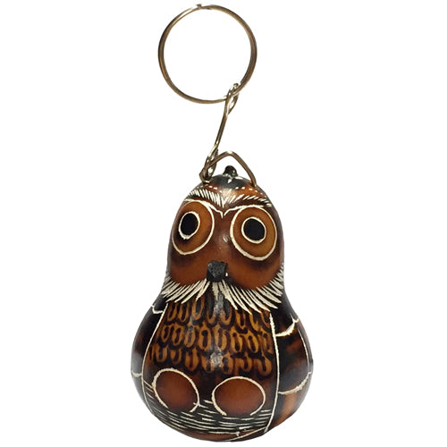 A beautifully crafted Owl Gourd Keychain featuring intricate designs, handmade by Peruvian artisans.