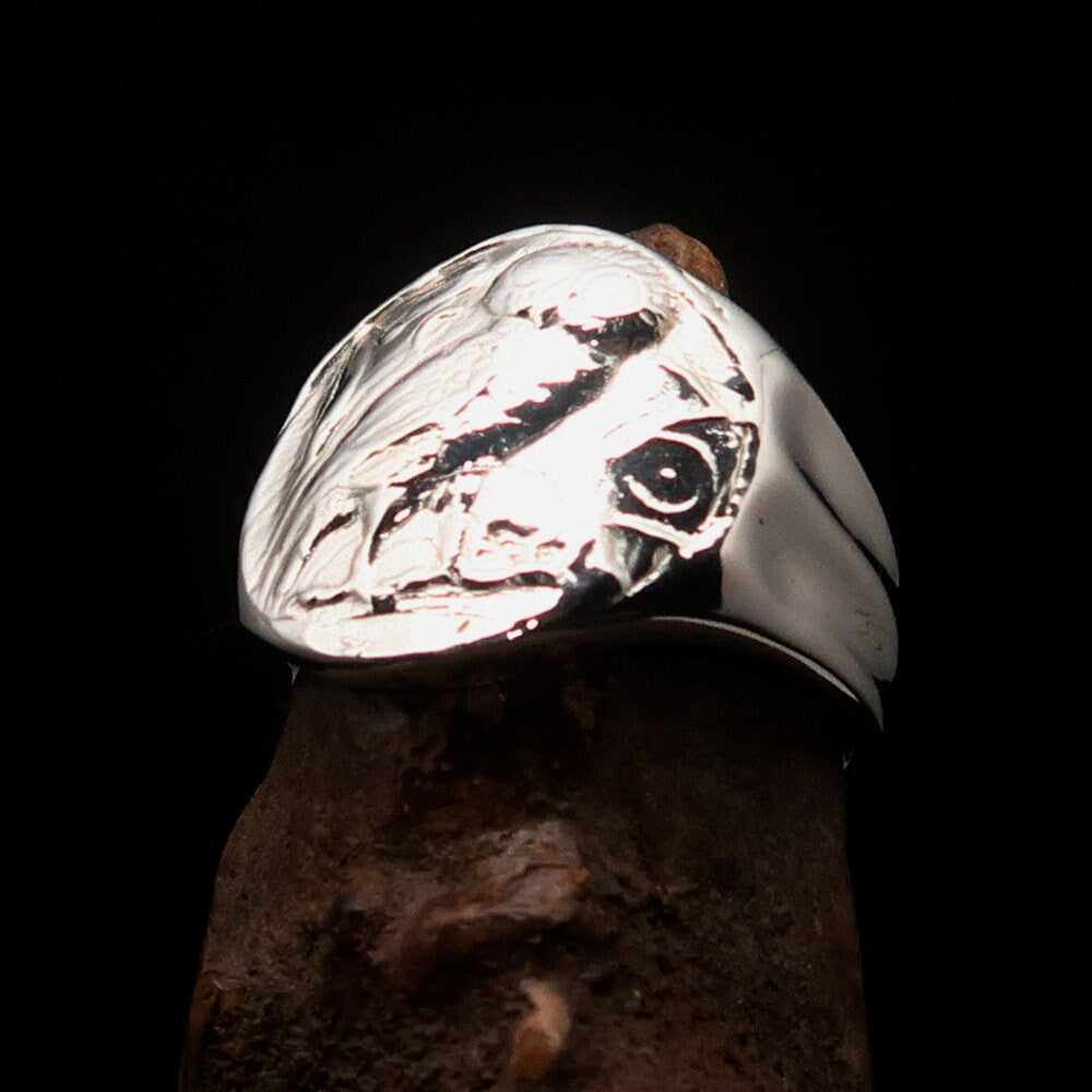 Owl Ring featuring an ancient Greek Drachma Coin set in polished Sterling Silver, showcasing intricate details and craftsmanship.