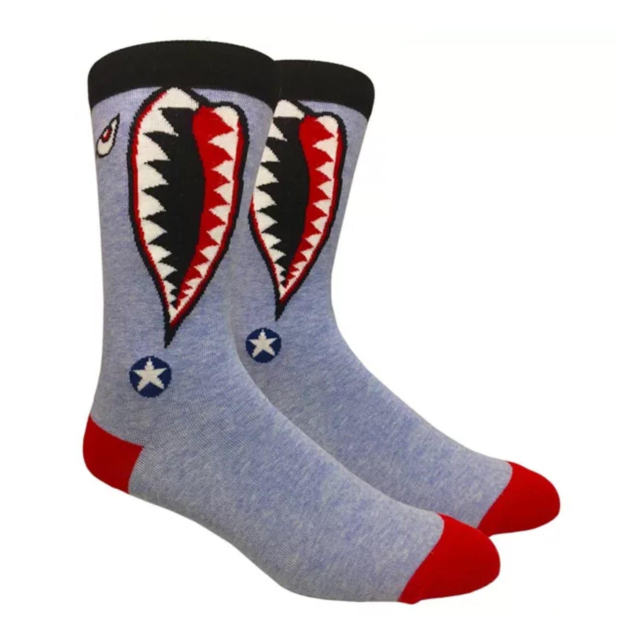 P40 Crew Tiger Shark Nose Art Crew Socks featuring a shark graphic design in gray and red colors, perfect for WWII enthusiasts.