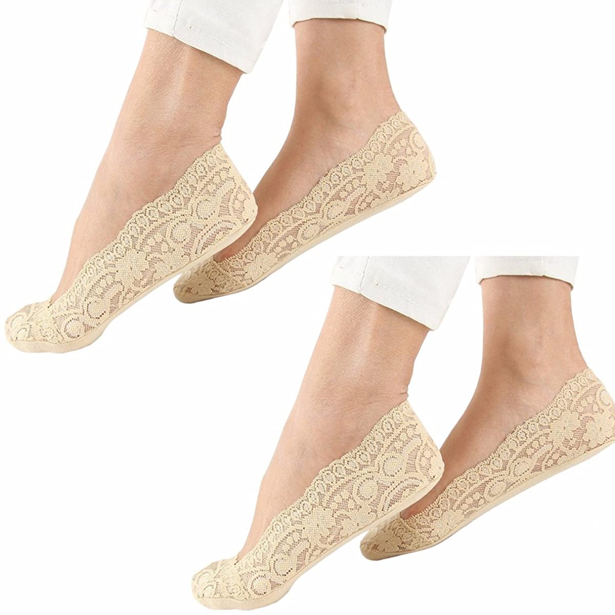 A pair of lace non-slip footsies featuring a delicate floral trim, designed for comfort and style.