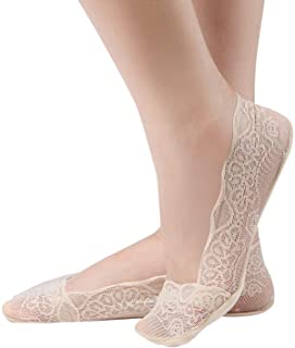 A pair of lace non-slip footsies featuring a delicate floral trim, designed for comfort and style.