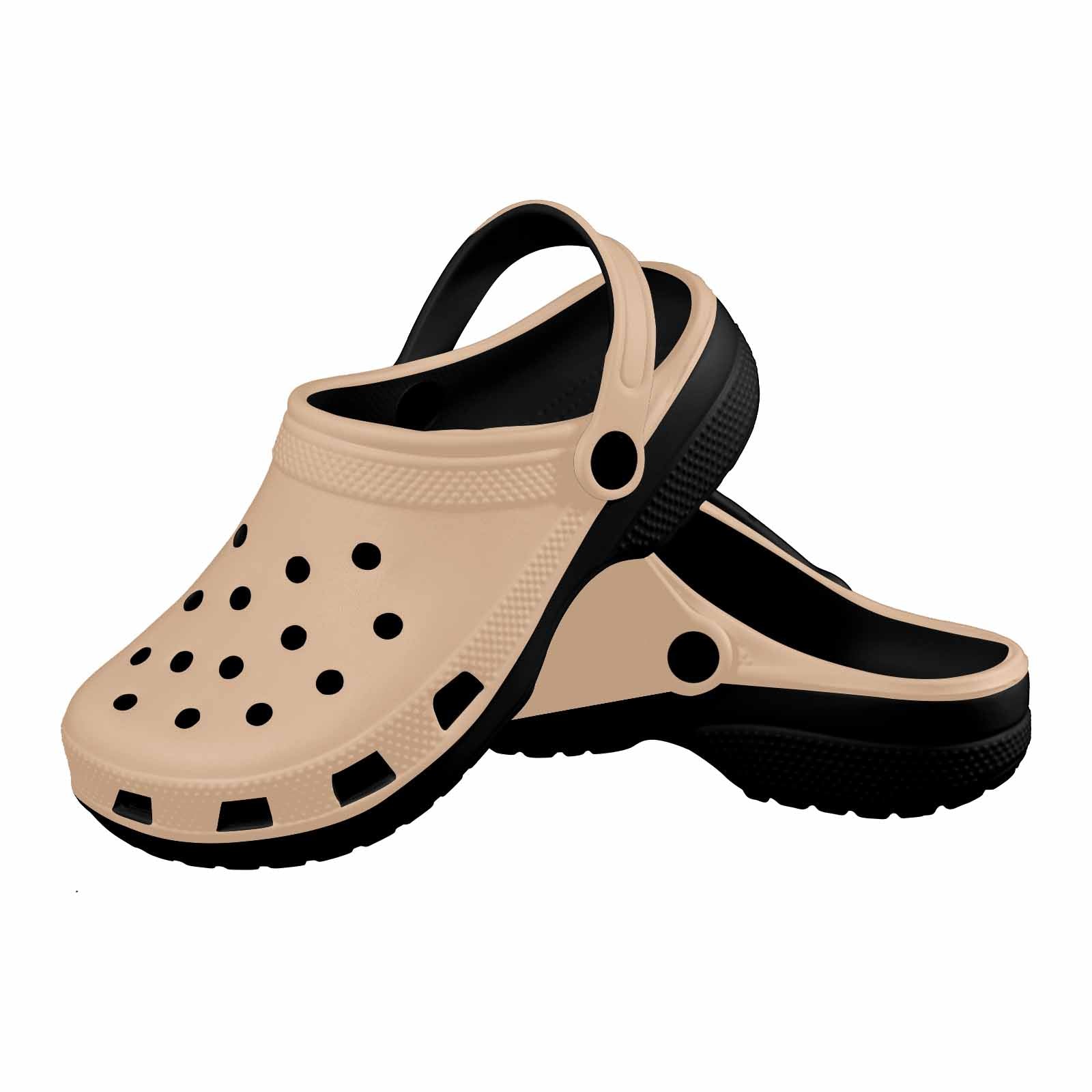 Pale brown custom print adults clogs with ventilation ports and pivoting heel straps, ideal for various occasions.