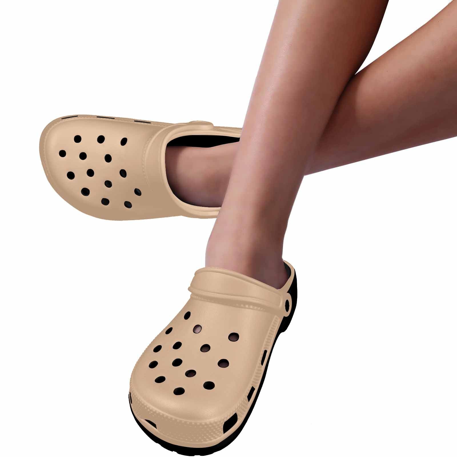 Pale brown custom print adults clogs with ventilation ports and pivoting heel straps, ideal for various occasions.