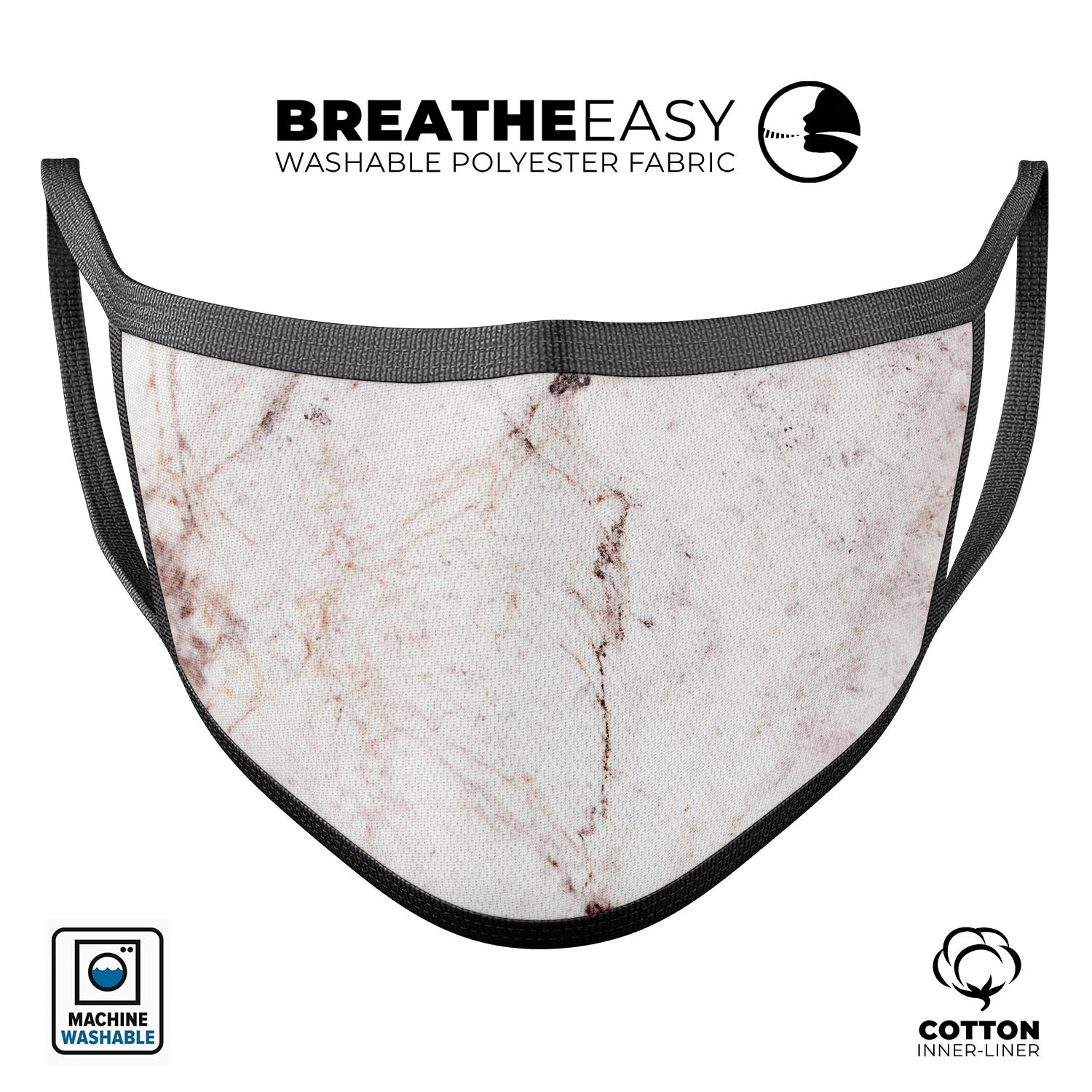 Pale Pink Marble Surface mouth cover, showcasing a stylish design with adjustable ear loops, made from soft cotton for comfort.