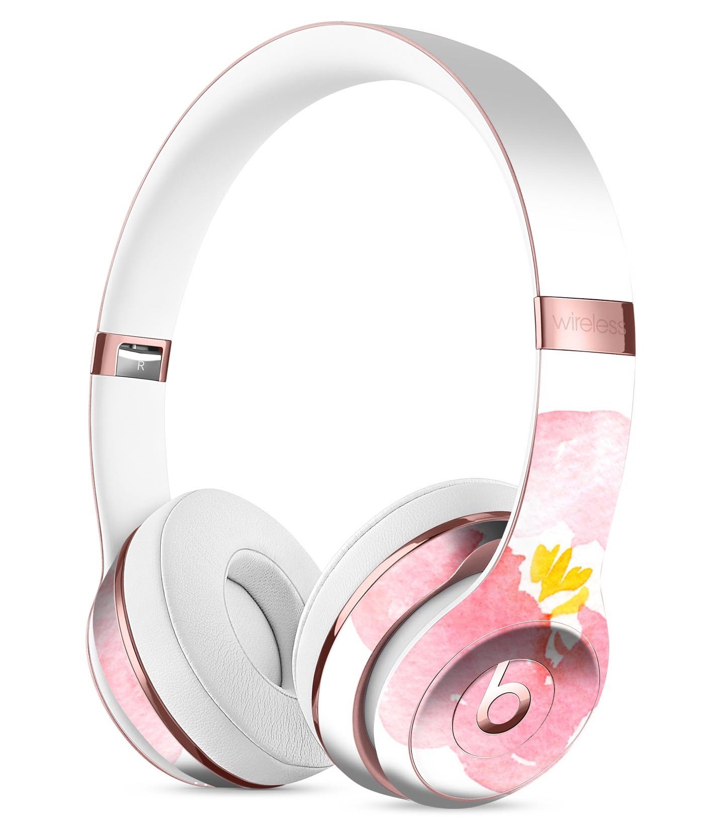 Pale pink watercolor hibiscus skin for Beats by Dre Solo 3 Wireless Headphones, showcasing vibrant floral design.