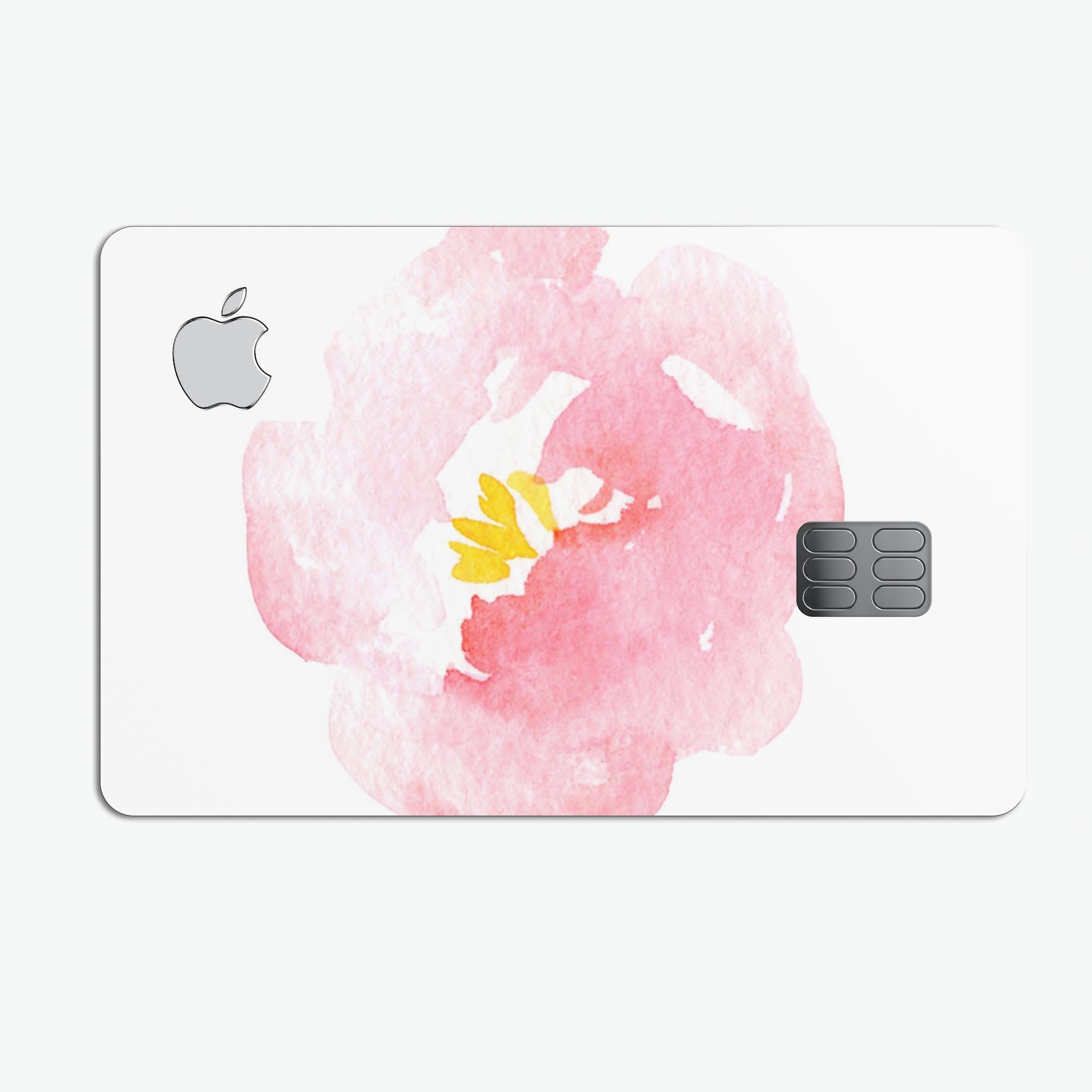 Pale pink watercolor hibiscus decal skin for Apple Card, showcasing vibrant floral design and premium vinyl material.