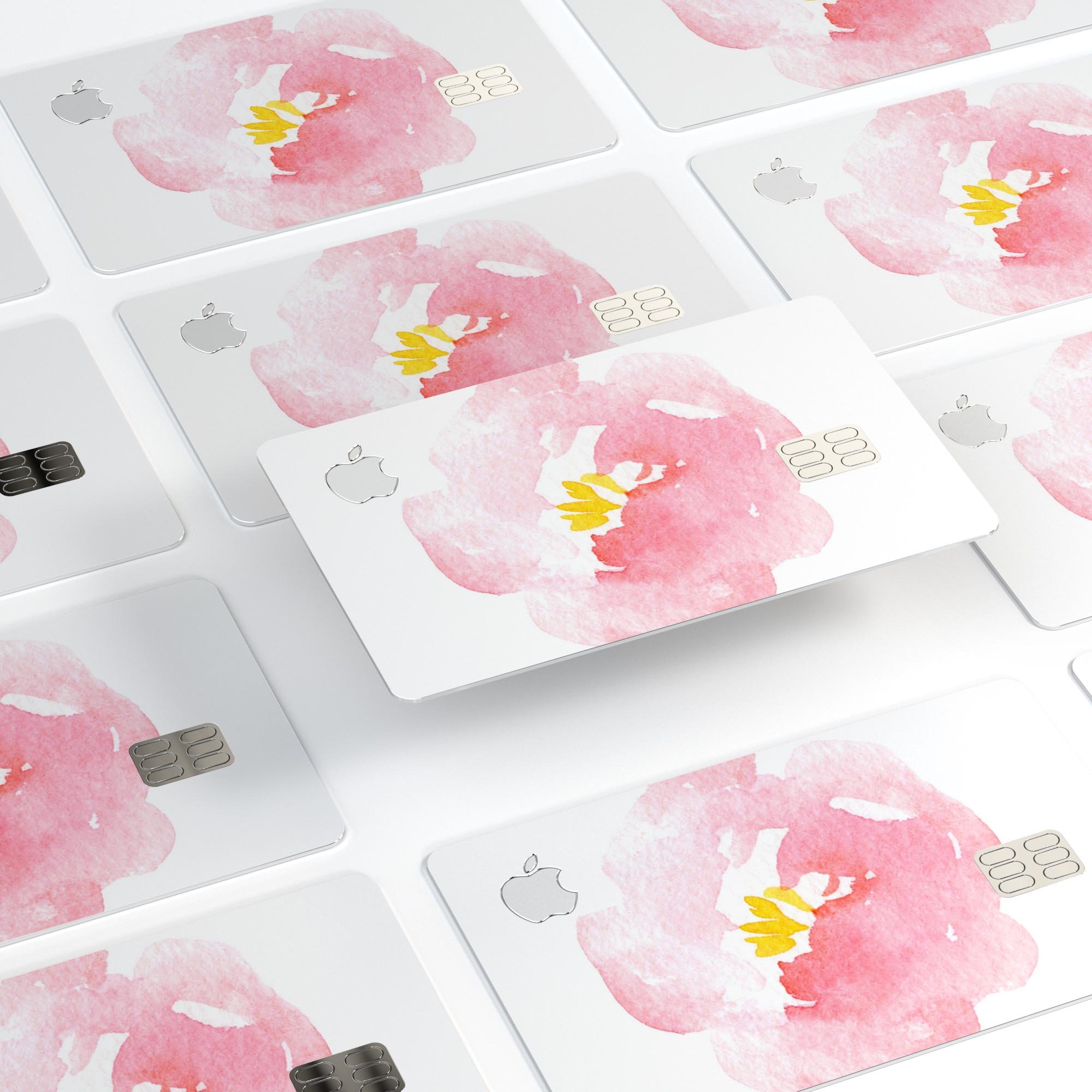 Pale pink watercolor hibiscus decal skin for Apple Card, showcasing vibrant floral design and premium vinyl material.