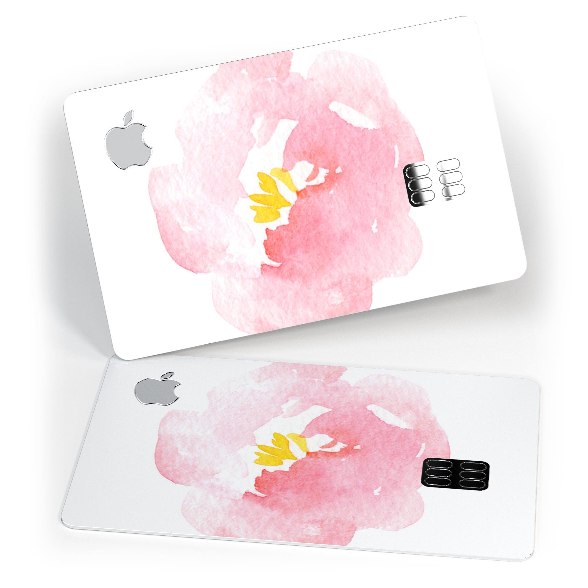 Pale pink watercolor hibiscus decal skin for Apple Card, showcasing vibrant floral design and premium vinyl material.