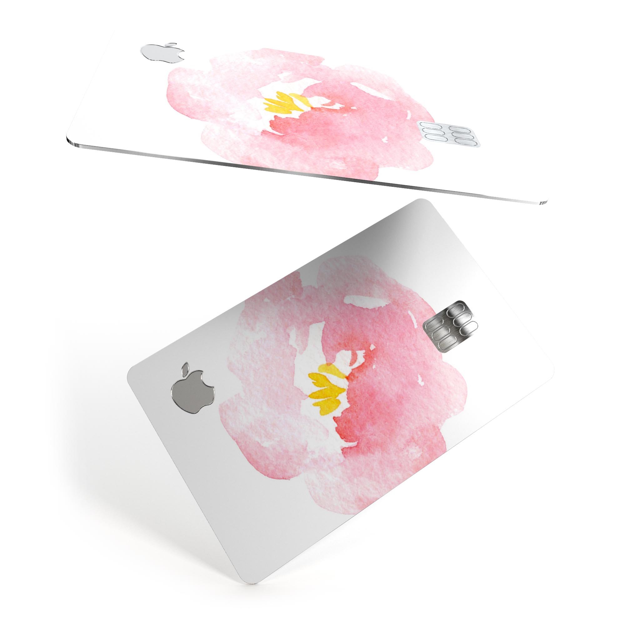 Pale pink watercolor hibiscus decal skin for Apple Card, showcasing vibrant floral design and premium vinyl material.