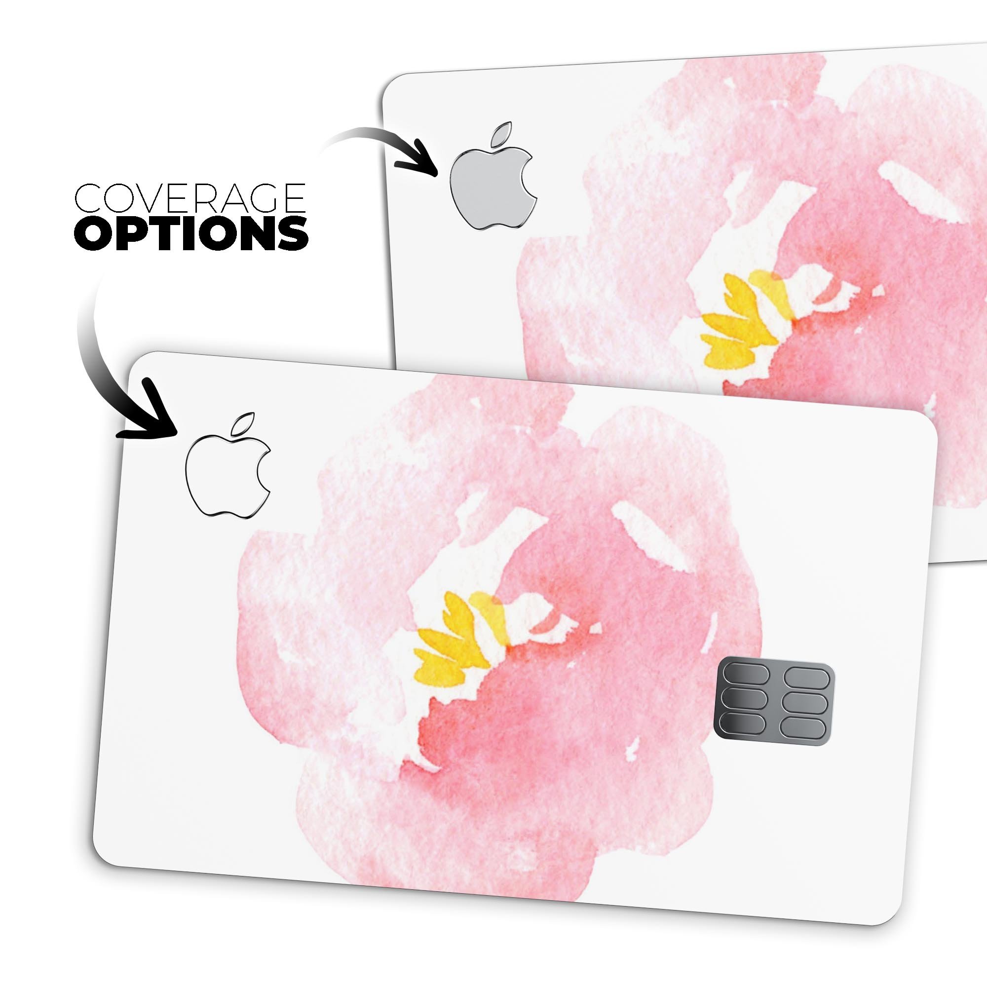 Pale pink watercolor hibiscus decal skin for Apple Card, showcasing vibrant floral design and premium vinyl material.