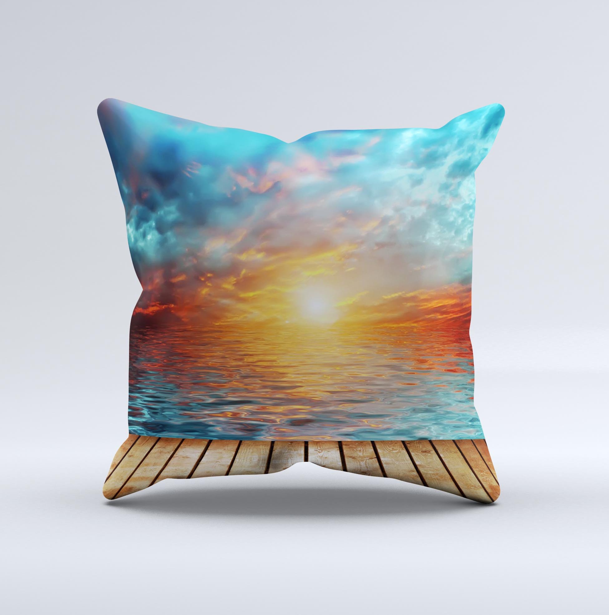 Paradise Sunset Ocean Dock decorative throw pillow featuring vibrant sunset colors and ocean dock design, handcrafted in Virginia.