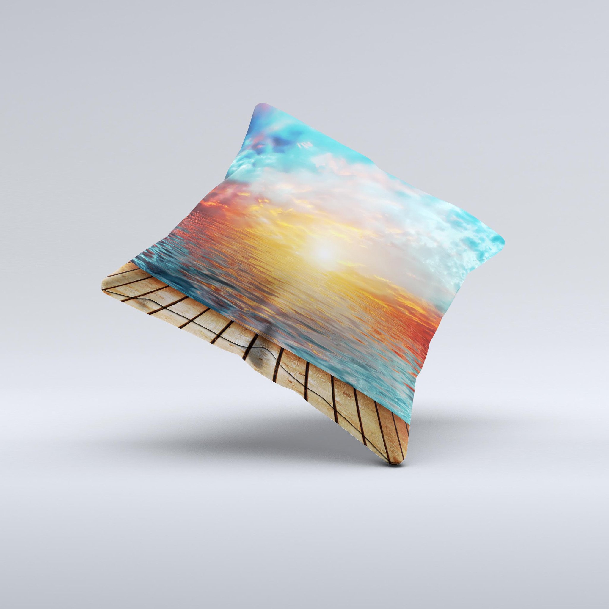 Paradise Sunset Ocean Dock decorative throw pillow featuring vibrant sunset colors and ocean dock design, handcrafted in Virginia.