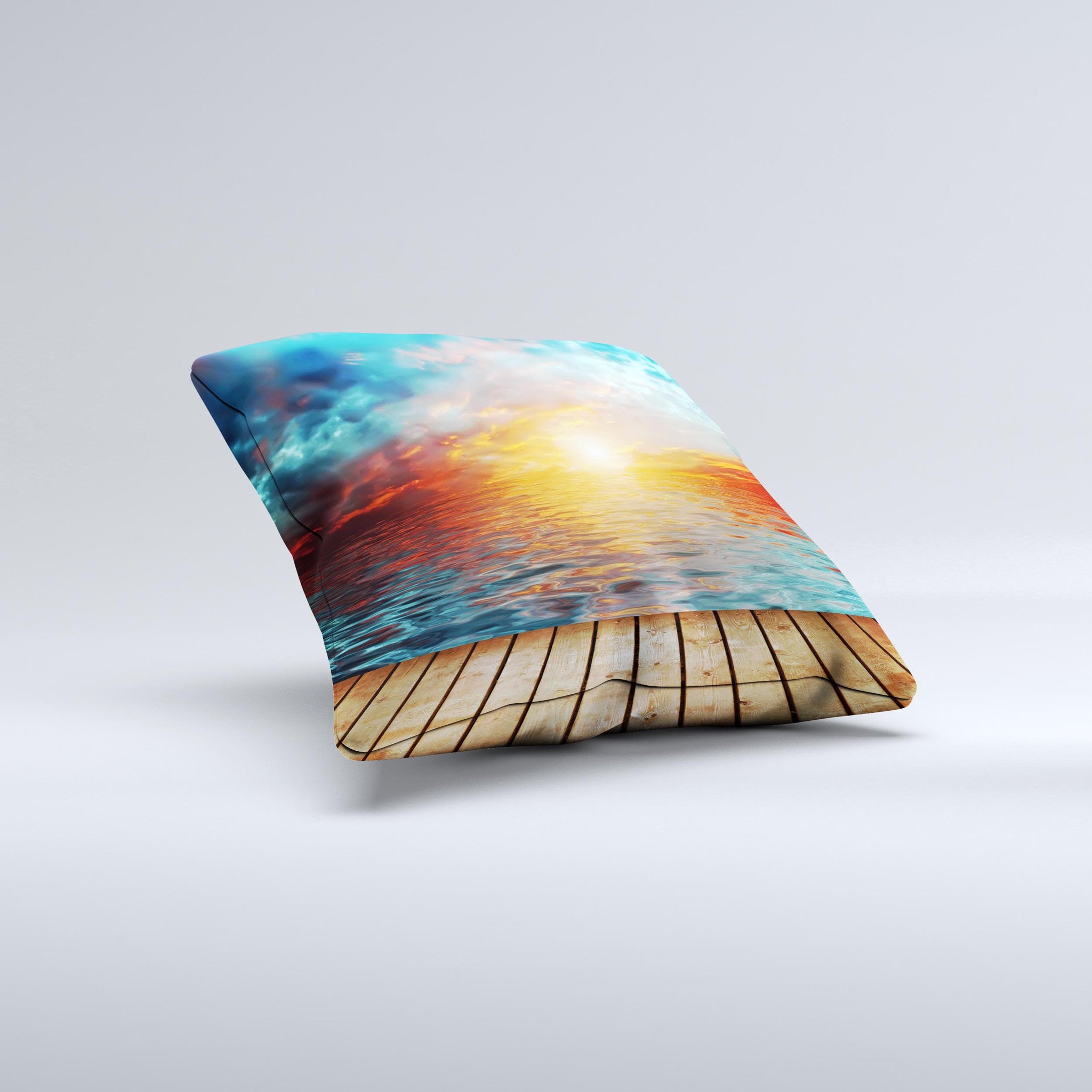 Paradise Sunset Ocean Dock decorative throw pillow featuring vibrant sunset colors and ocean dock design, handcrafted in Virginia.