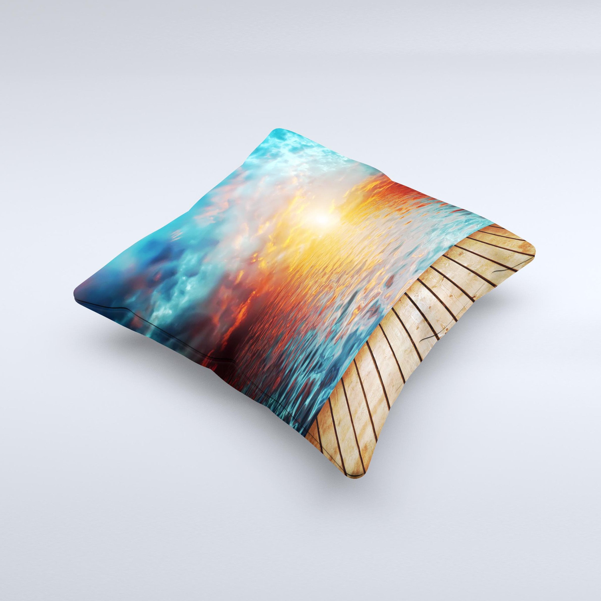 Paradise Sunset Ocean Dock decorative throw pillow featuring vibrant sunset colors and ocean dock design, handcrafted in Virginia.