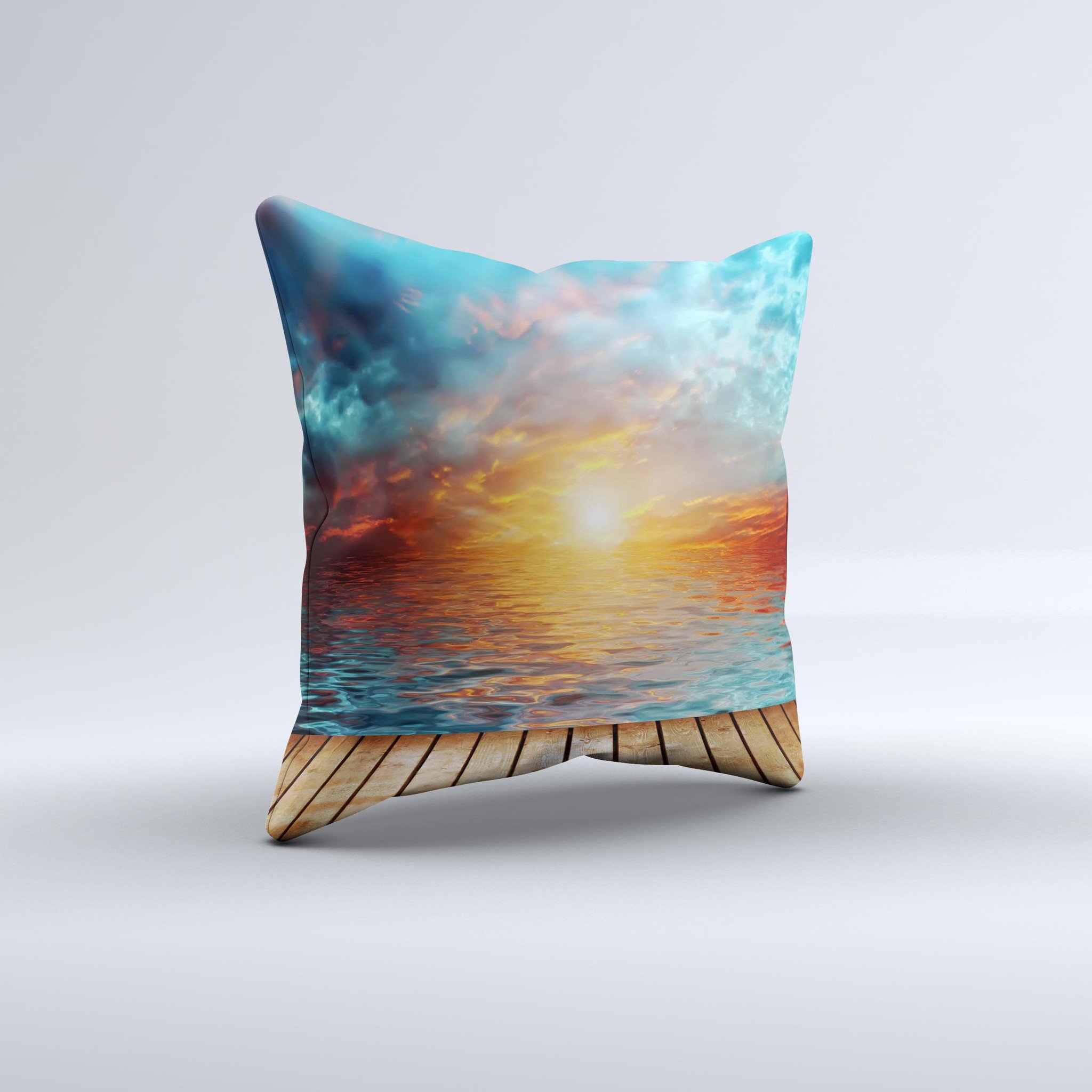 Paradise Sunset Ocean Dock decorative throw pillow featuring vibrant sunset colors and ocean dock design, handcrafted in Virginia.