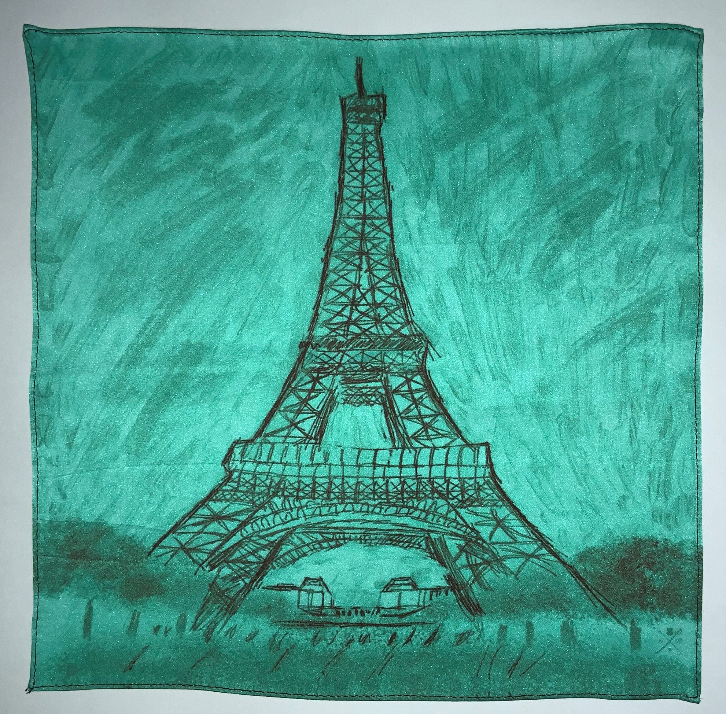 Elegant silk pocket square featuring a hand-sketched Eiffel Tower design in dawn shades, perfect for formal and casual wear.