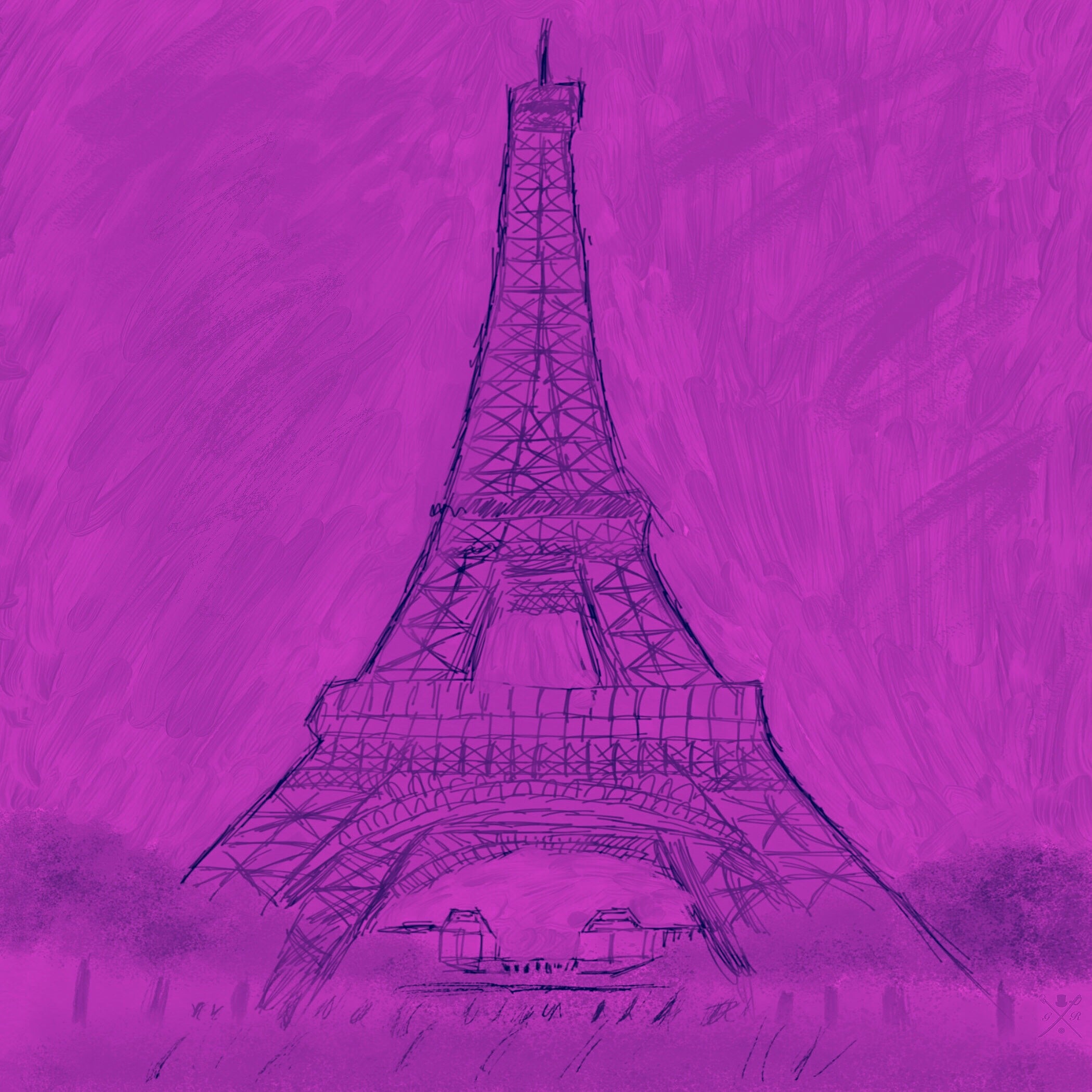 Magenta pocket square featuring a hand-sketched Eiffel Tower design with the Gentleman Rogue logo.