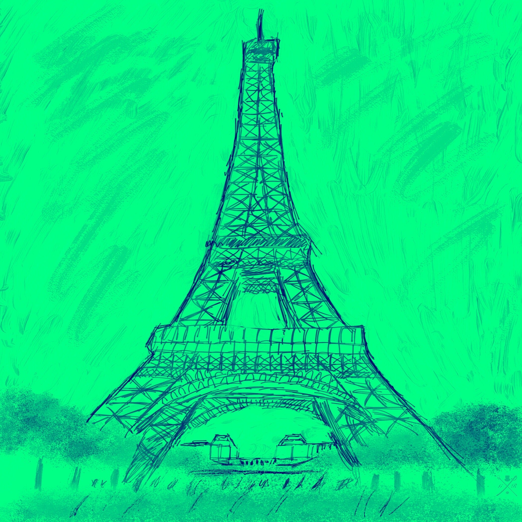 Elegant mint pocket square featuring a hand-sketched Eiffel Tower design in green shades, with the Gentleman Rogue logo.