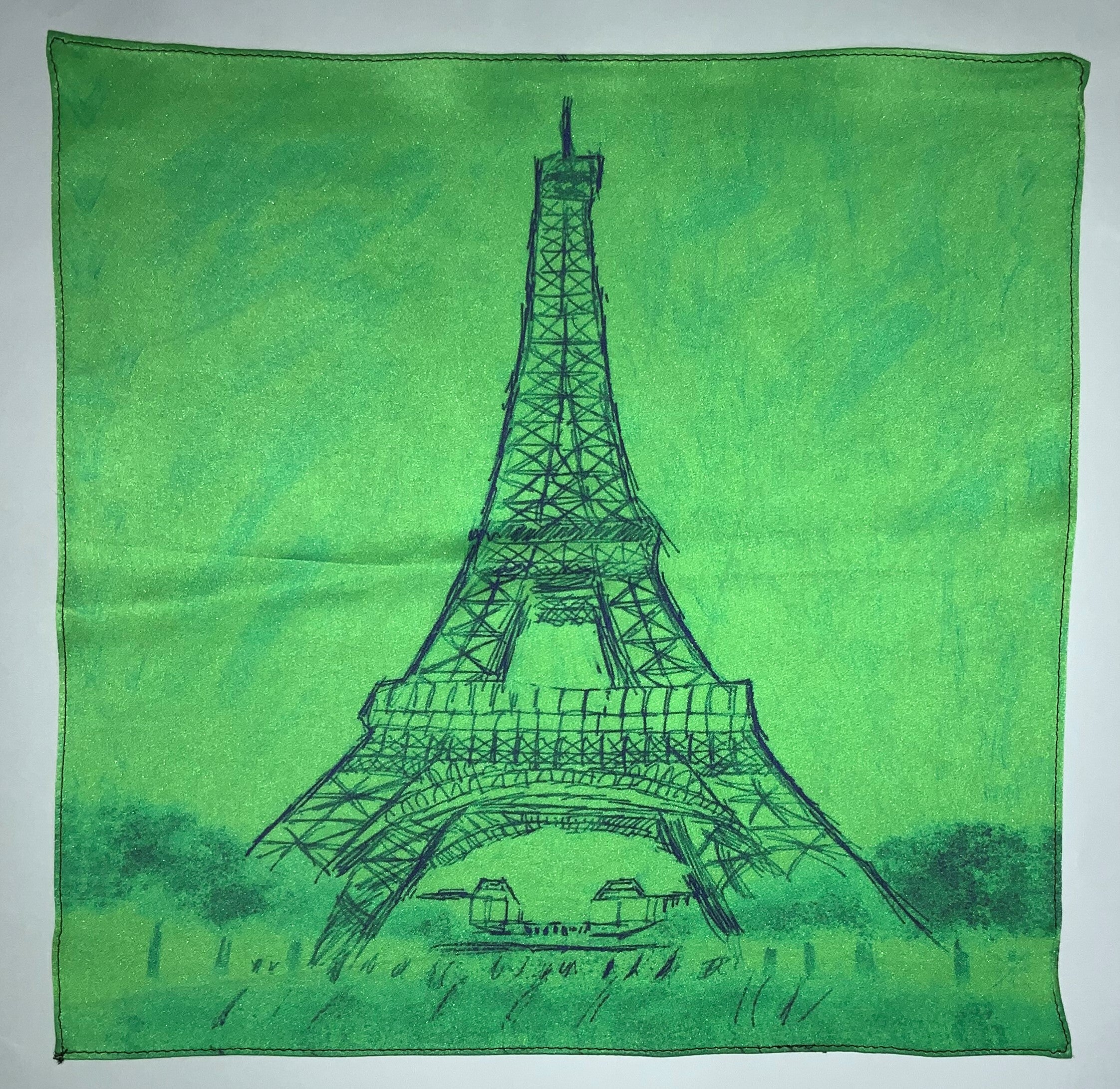 Elegant mint pocket square featuring a hand-sketched Eiffel Tower design in green shades, with the Gentleman Rogue logo.