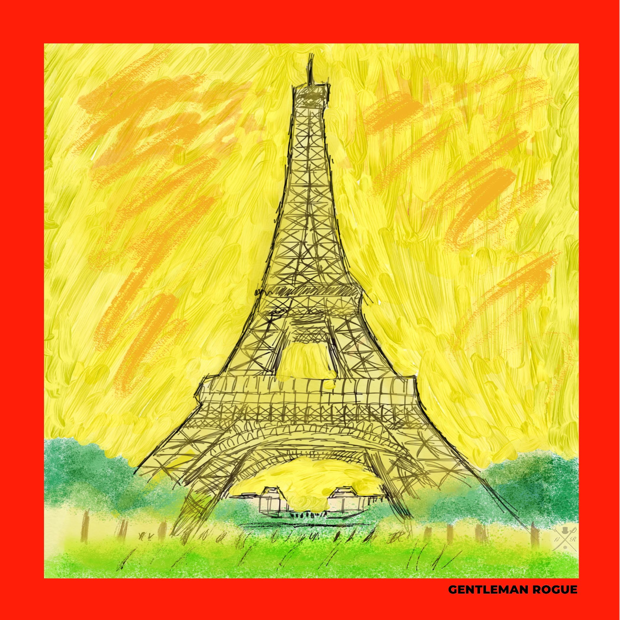 Elegant silk pocket square featuring a hand-sketched Eiffel Tower design with a vibrant yellow background and a red border.