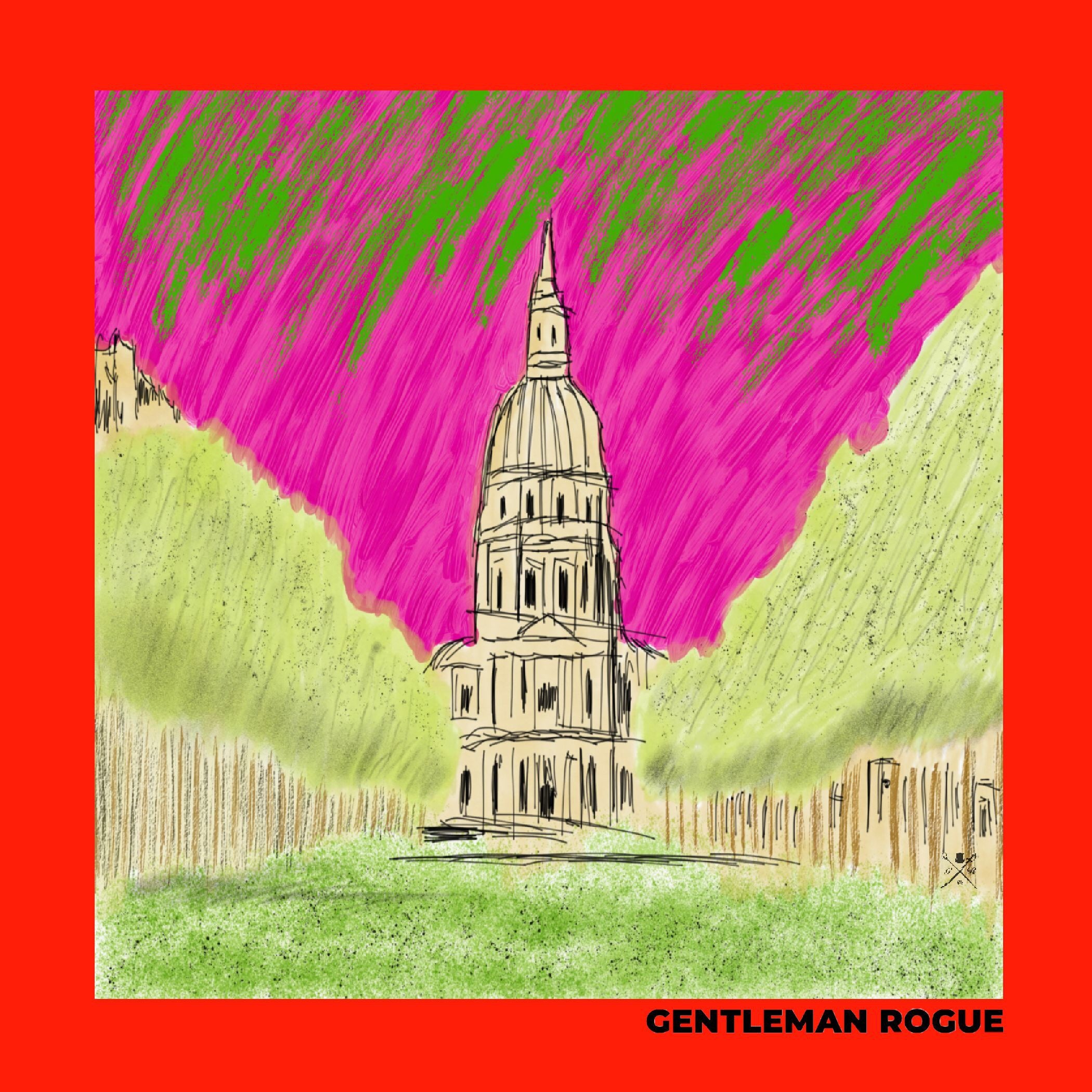 A vibrant red ladies scarf featuring a hand sketched design of Les Invalides, adorned with the Gentleman Rogue logo.