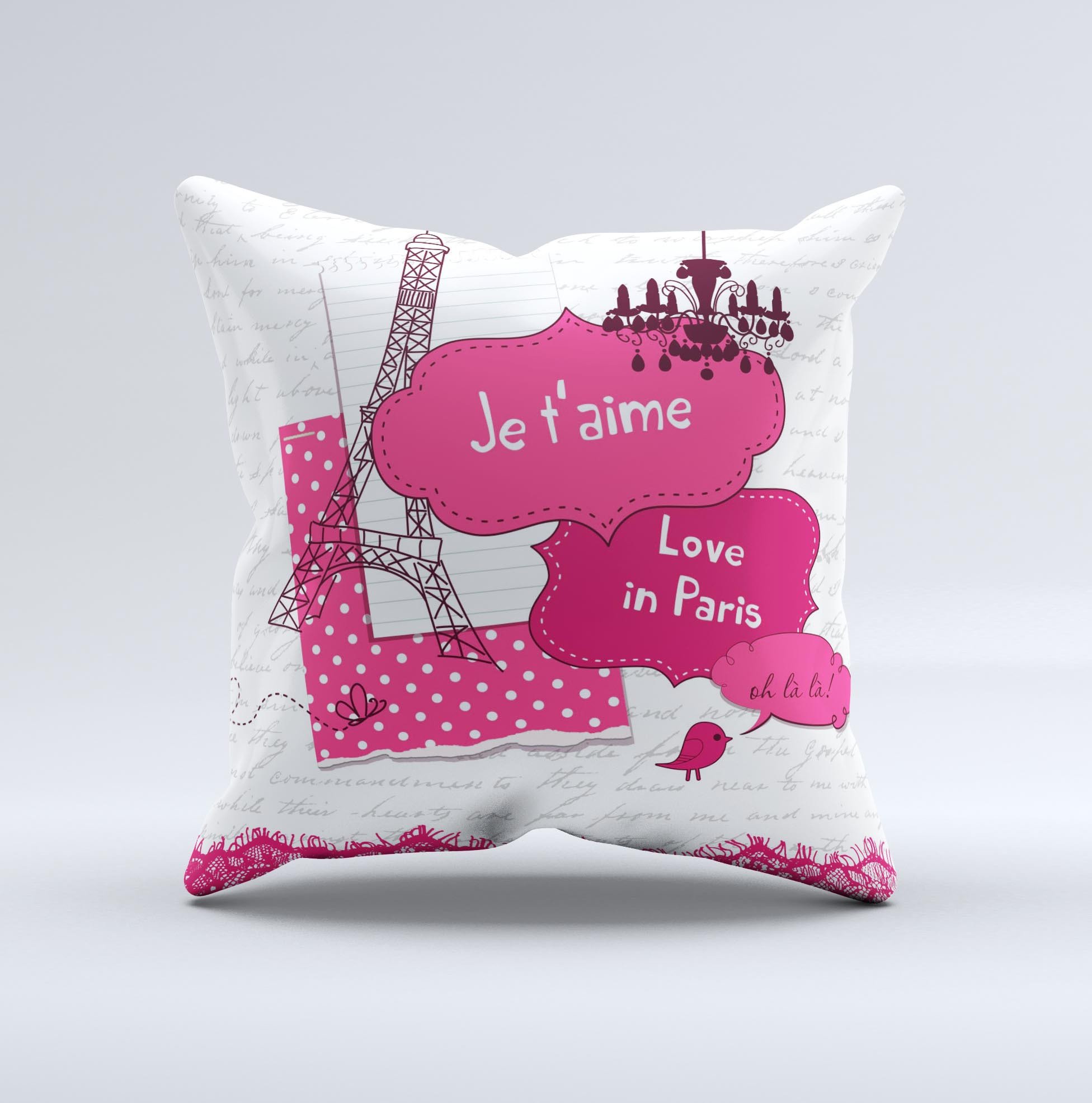 Paris Pink Illustration decorative throw pillow with intricate design, handcrafted in Virginia, featuring high thread count fabric and soft polyester filling.