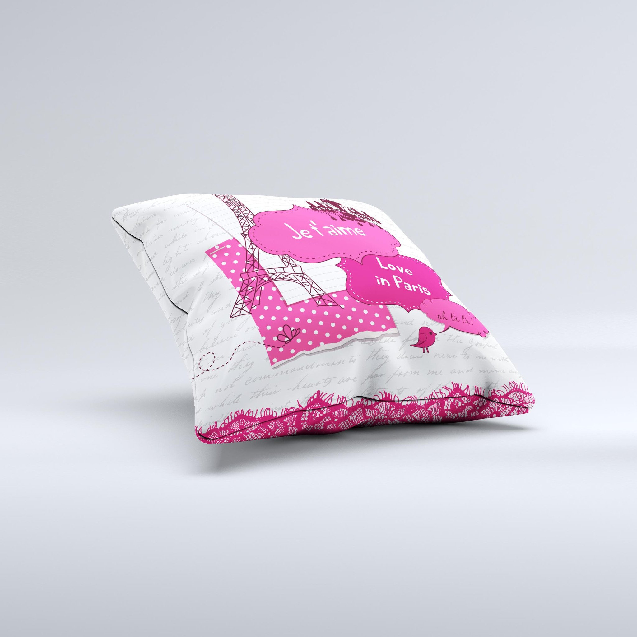 Paris Pink Illustration decorative throw pillow with intricate design, handcrafted in Virginia, featuring high thread count fabric and soft polyester filling.