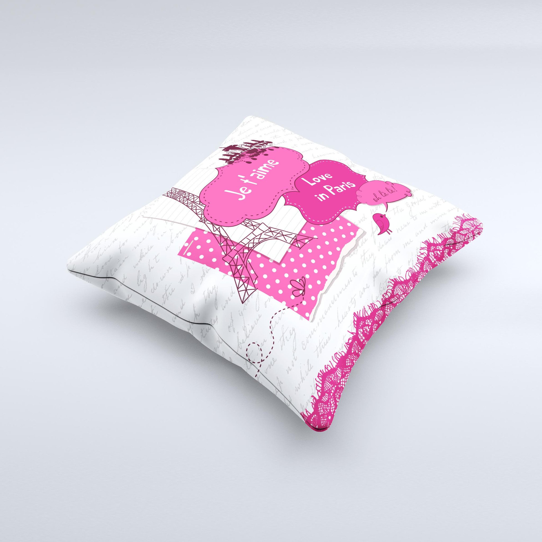 Paris Pink Illustration decorative throw pillow with intricate design, handcrafted in Virginia, featuring high thread count fabric and soft polyester filling.