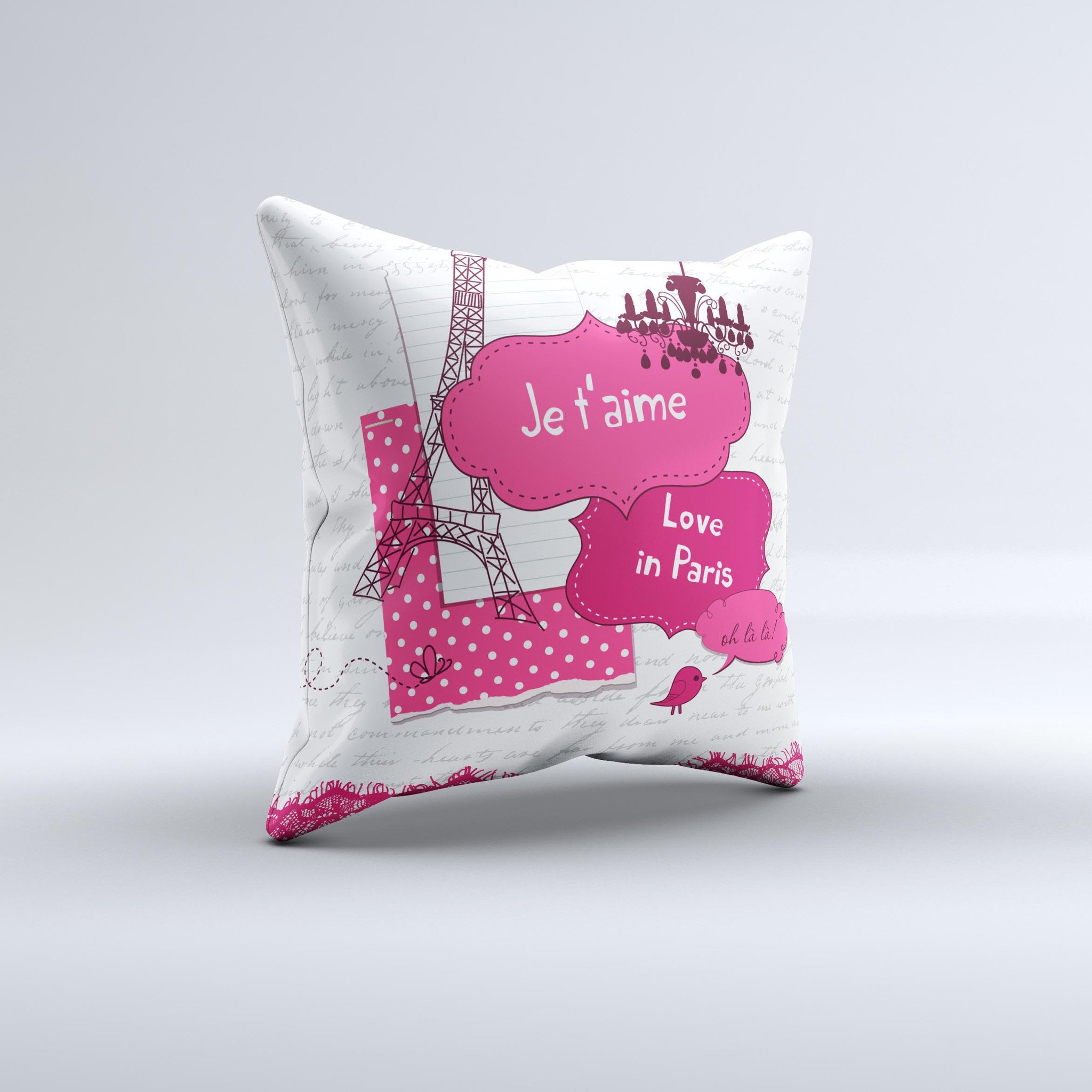 Paris Pink Illustration decorative throw pillow with intricate design, handcrafted in Virginia, featuring high thread count fabric and soft polyester filling.