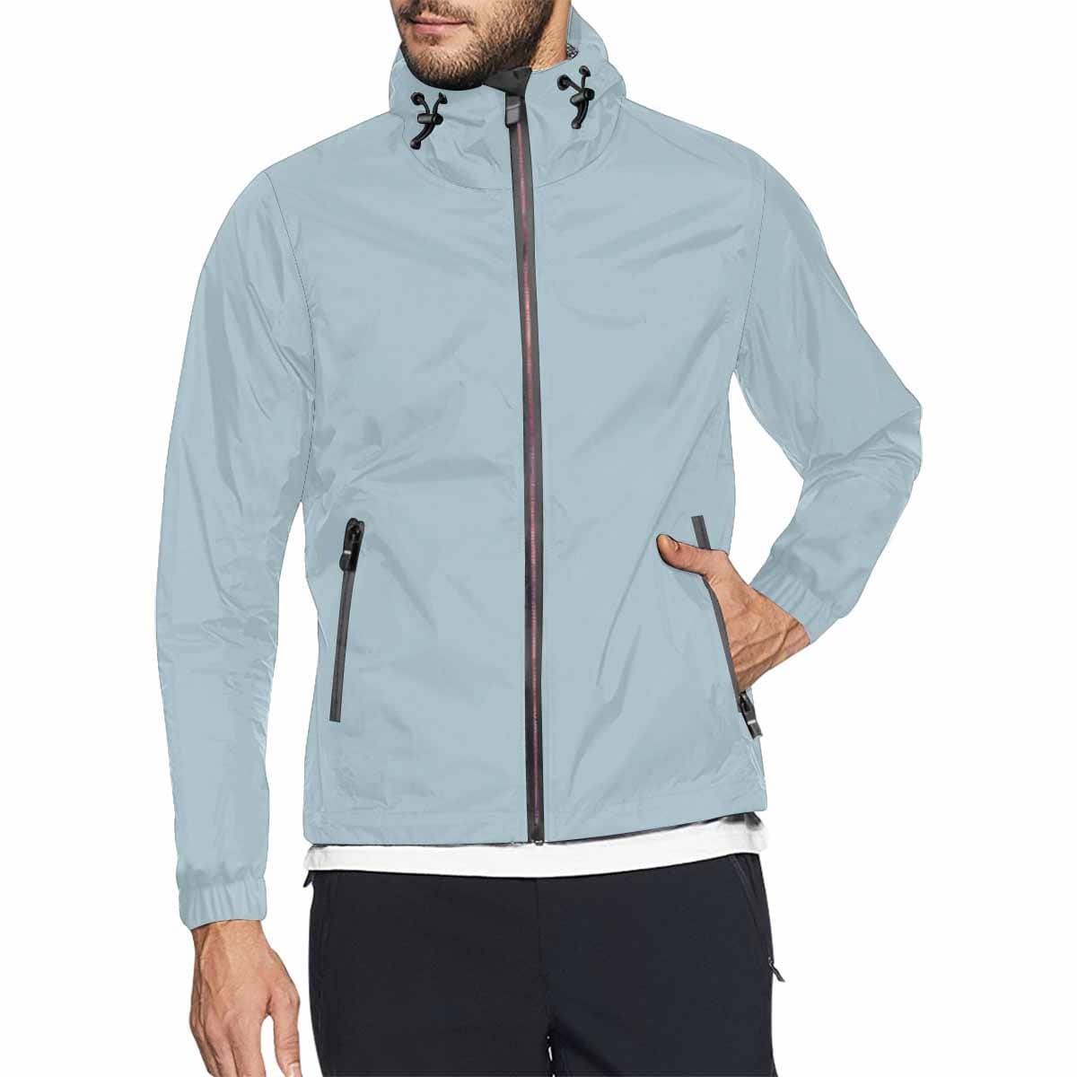 Pastel blue hooded windbreaker jacket for men and women, featuring a stylish design with zippered pockets and adjustable hood.