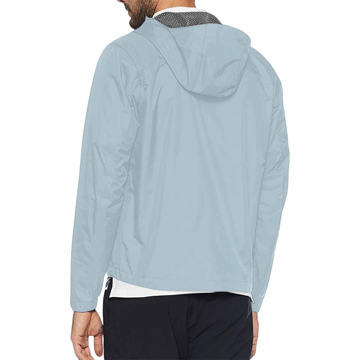 Pastel blue hooded windbreaker jacket for men and women, featuring a stylish design with zippered pockets and adjustable hood.