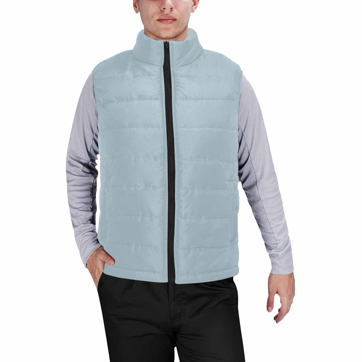 Pastel blue men's padded vest featuring a quilted design and zipper closure, perfect for layering and staying warm.