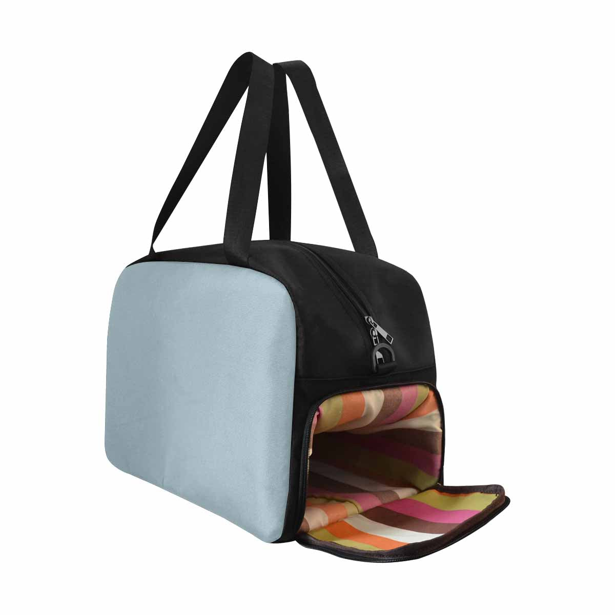 Pastel blue tote and crossbody travel bag made from durable nylon, featuring spacious compartments and adjustable strap.