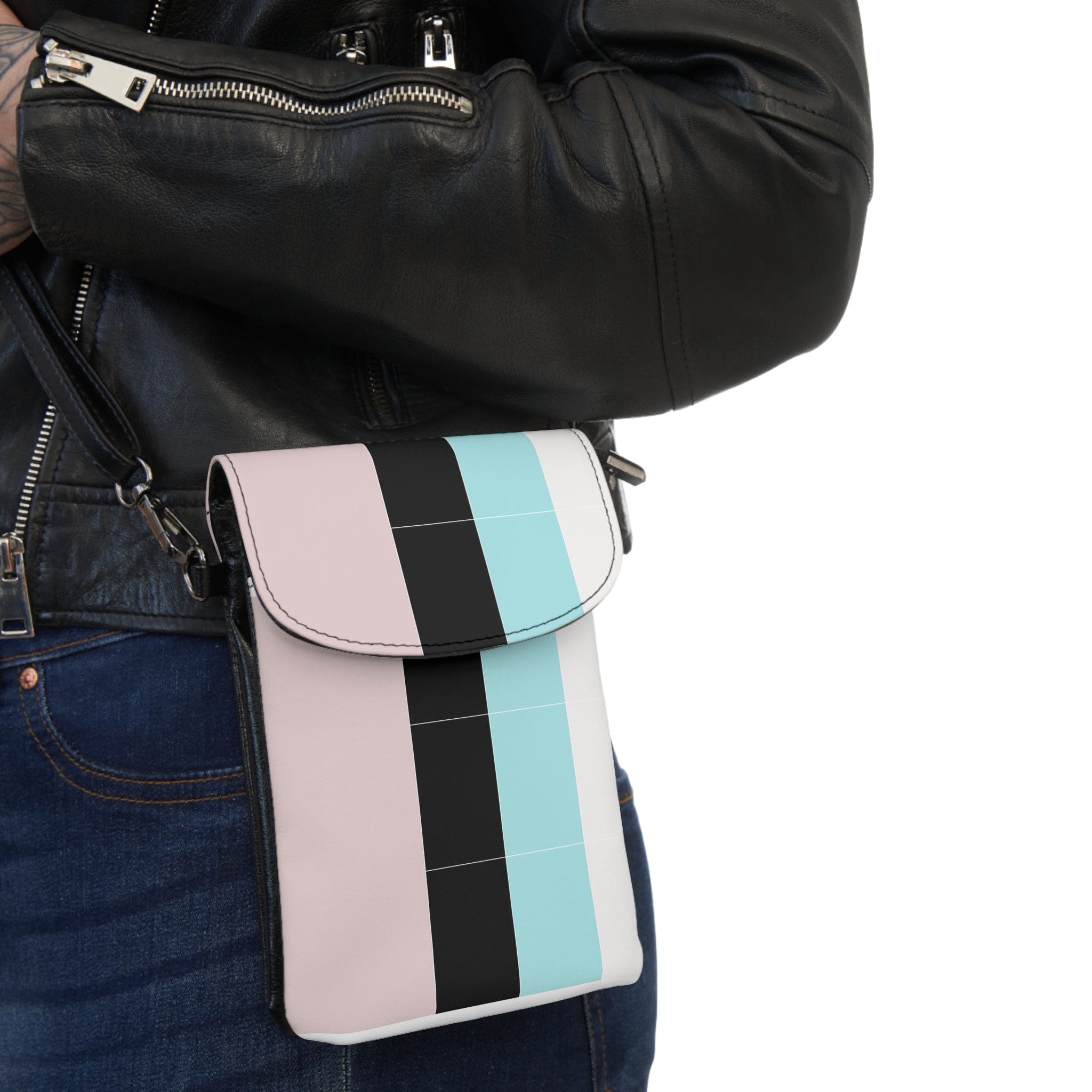 Pastel Colorblock Crossbody Cell Phone Wallet Purse in pink, black, and blue with adjustable strap.