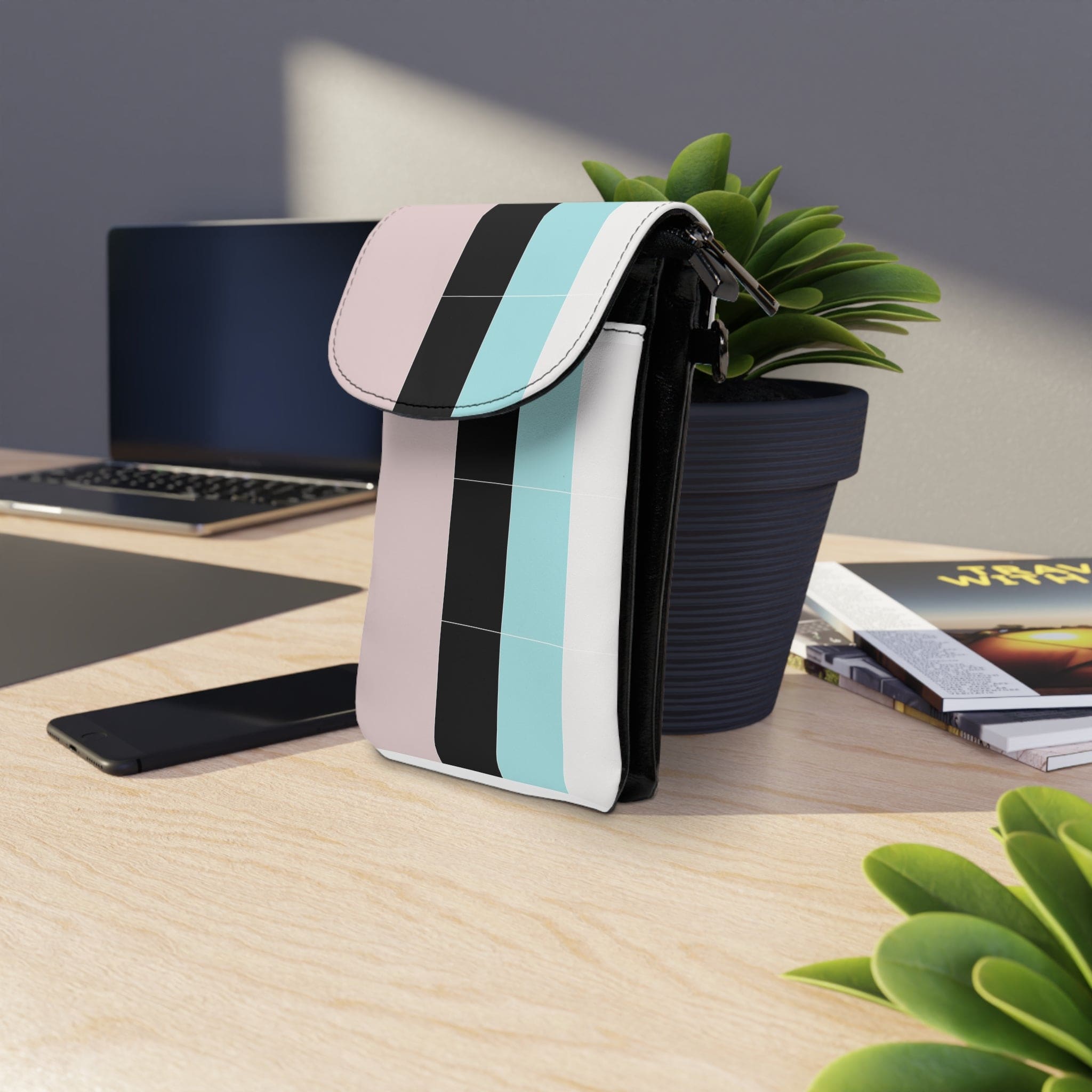 Pastel Colorblock Crossbody Cell Phone Wallet Purse in pink, black, and blue with adjustable strap.