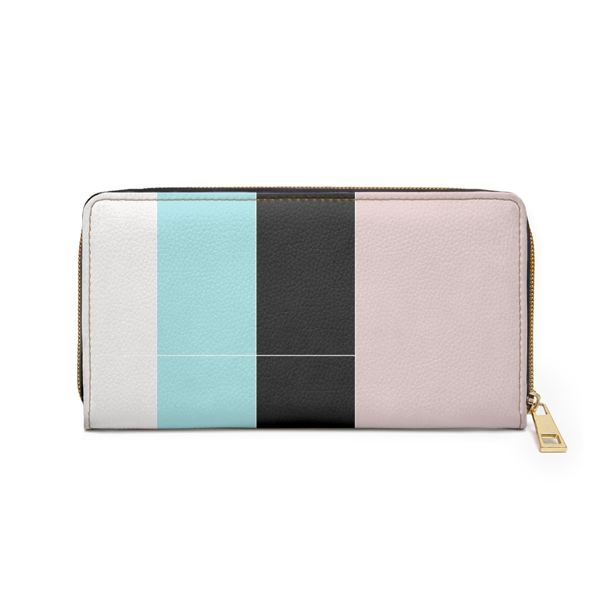 Pastel colorblock women's zipper wallet clutch purse in pink, black, and blue with multiple compartments.