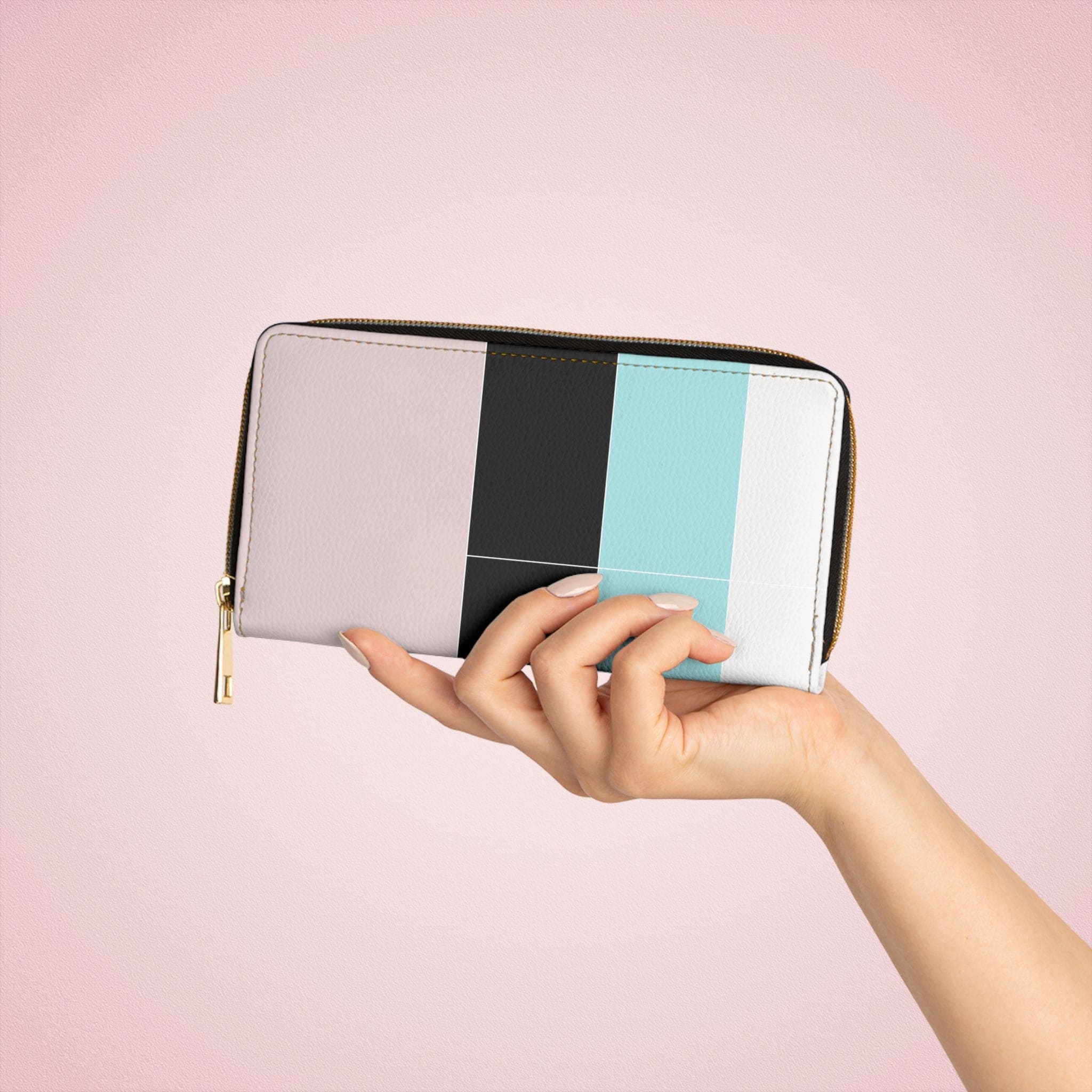 Pastel colorblock women's zipper wallet clutch purse in pink, black, and blue with multiple compartments.