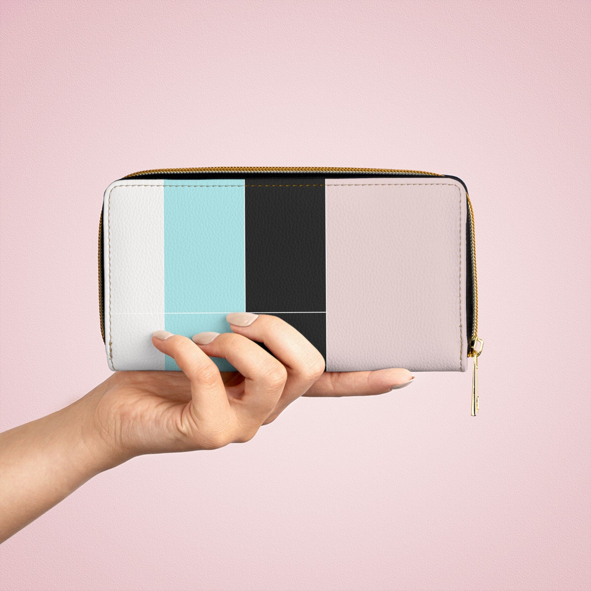 Pastel colorblock women's zipper wallet clutch purse in pink, black, and blue with multiple compartments.