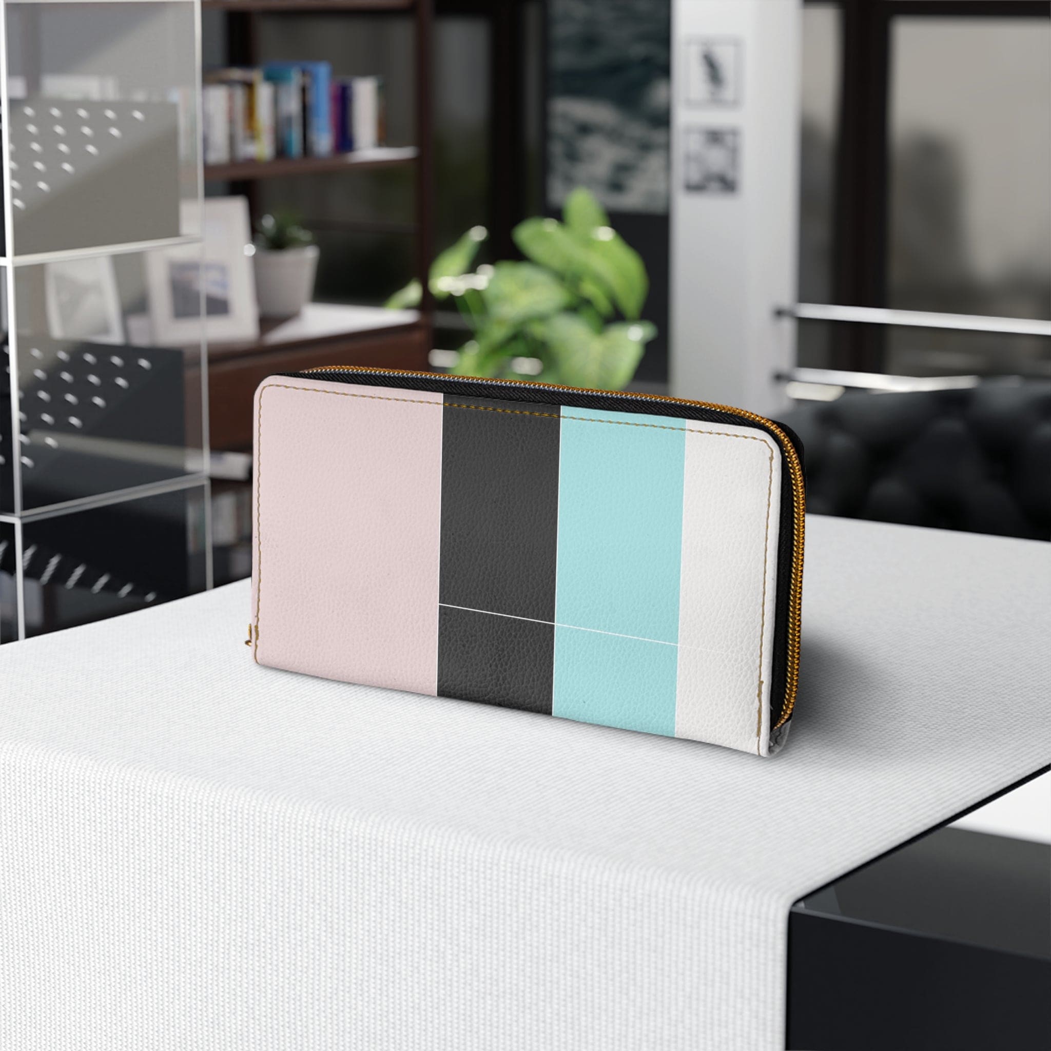 Pastel colorblock women's zipper wallet clutch purse in pink, black, and blue with multiple compartments.