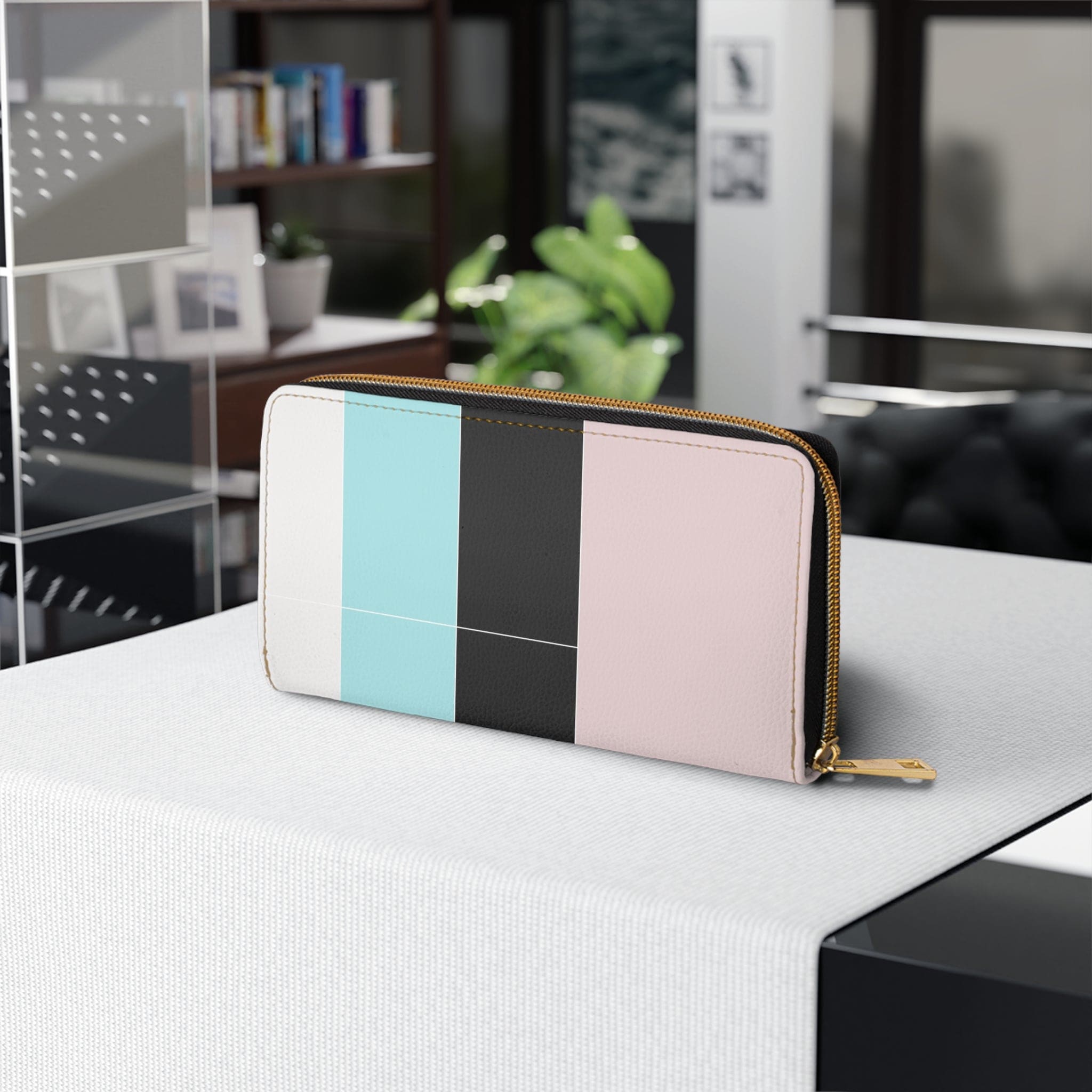 Pastel colorblock women's zipper wallet clutch purse in pink, black, and blue with multiple compartments.