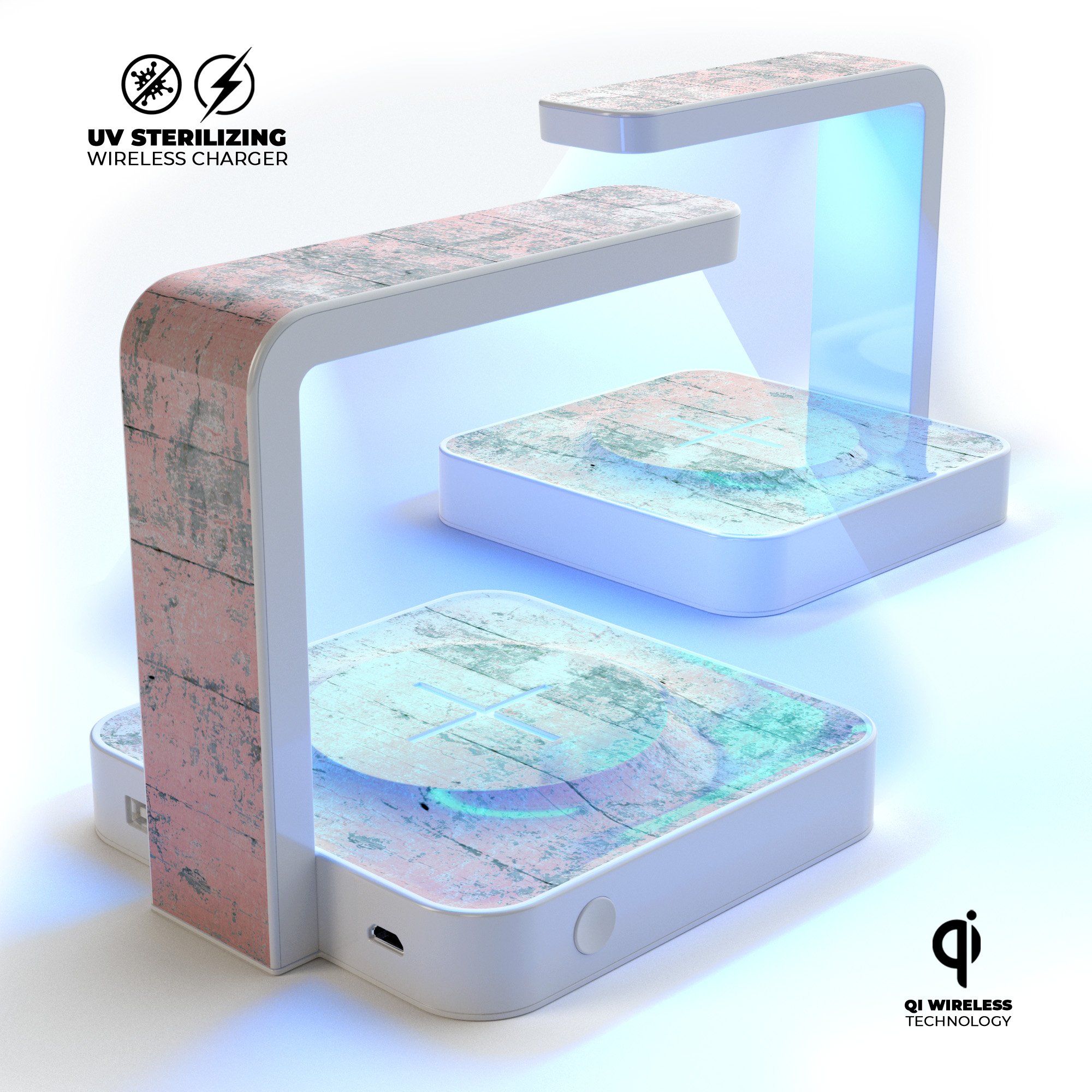 Pastel Coral Distressed Wood UV Germicidal Sanitizing Station with wireless charging feature, showcasing its elegant design and functionality.