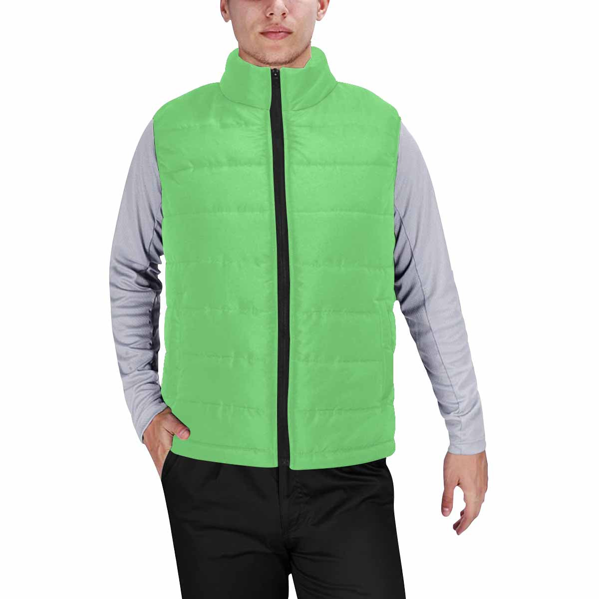 Pastel green mens padded vest with quilted design and zipper closure, showcasing a stylish and lightweight outerwear option.