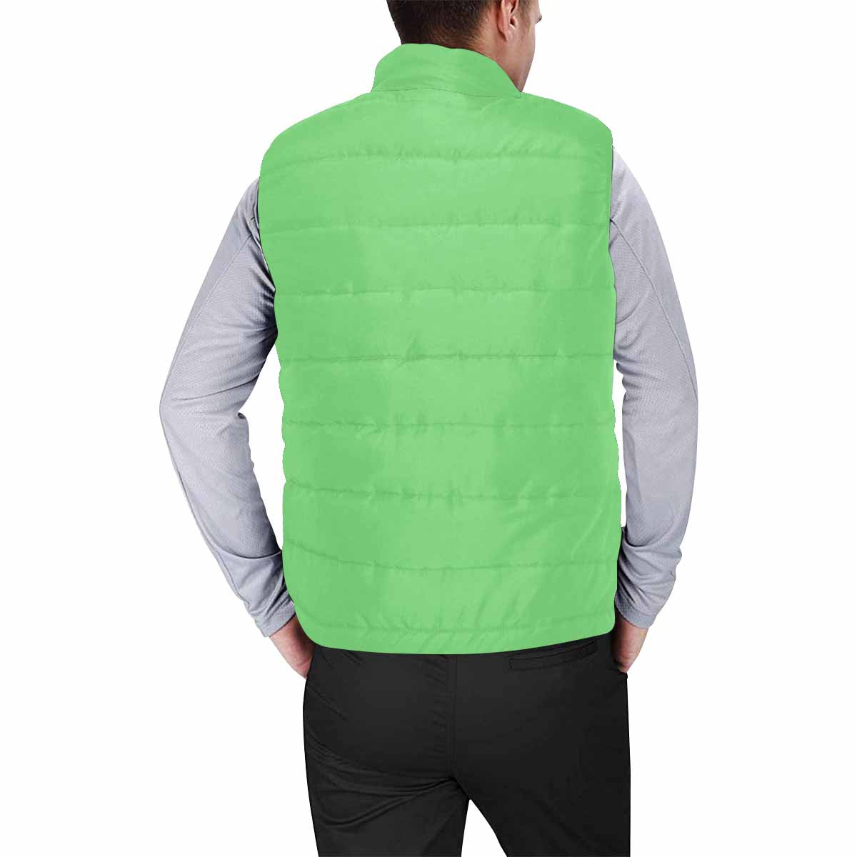 Pastel green mens padded vest with quilted design and zipper closure, showcasing a stylish and lightweight outerwear option.