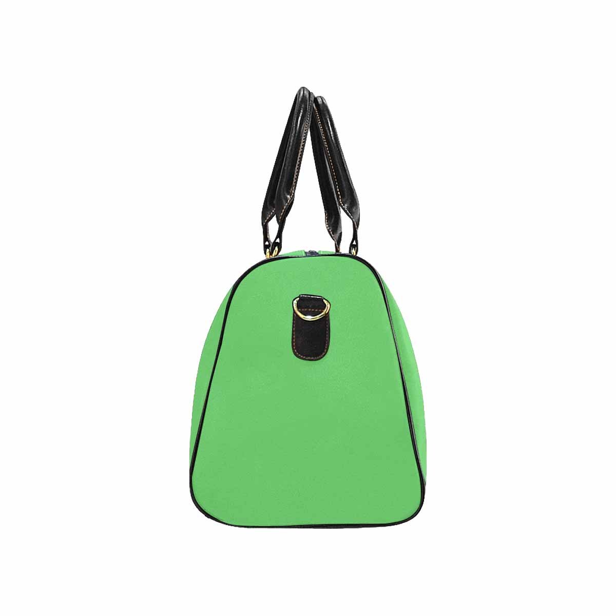 Pastel green travel bag with adjustable black strap, showcasing a spacious design and durable waterproof fabric.