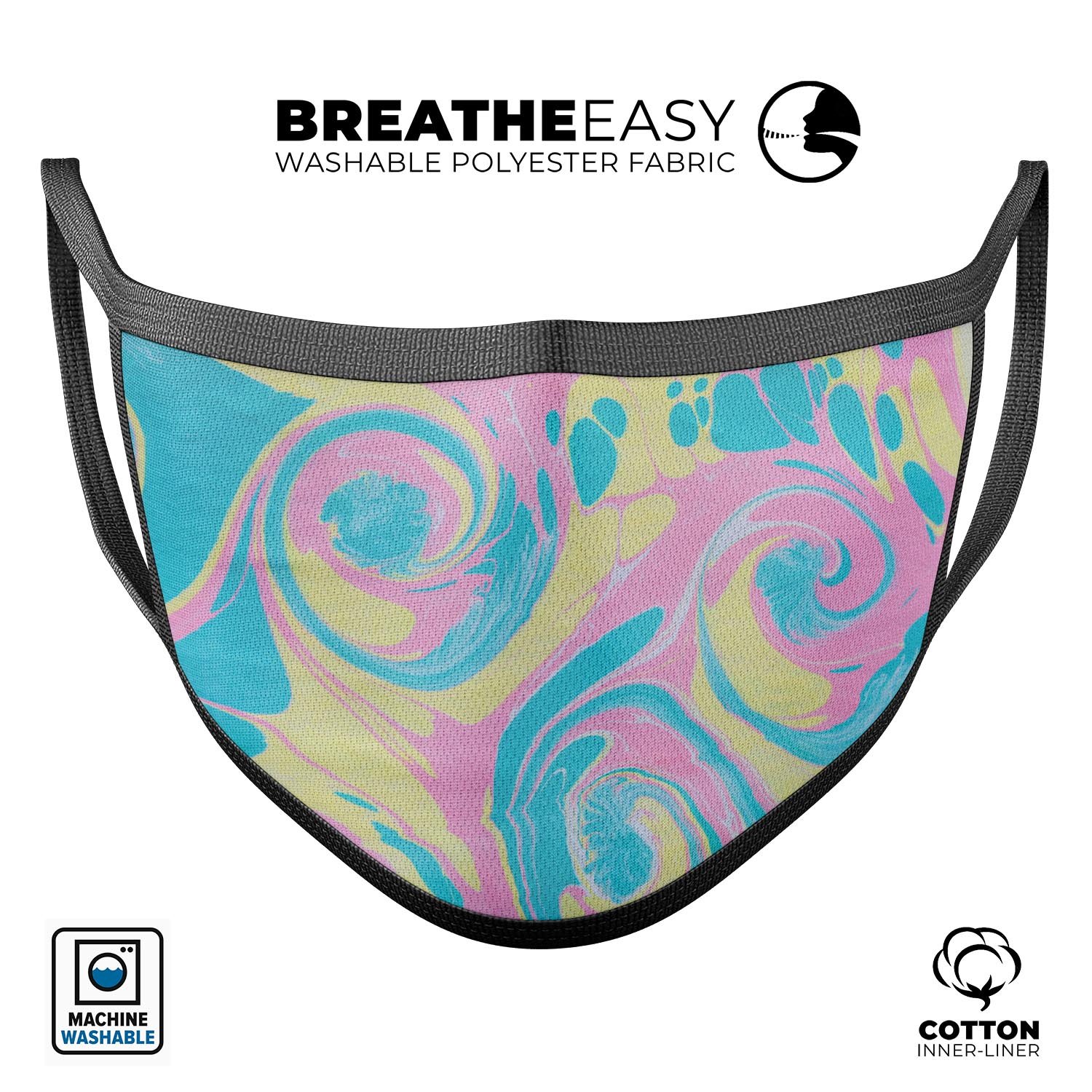 Pastel Minimalistic Acrylic Swirl V1 mouth cover, showcasing a stylish design with adjustable ear loops, made in the USA.